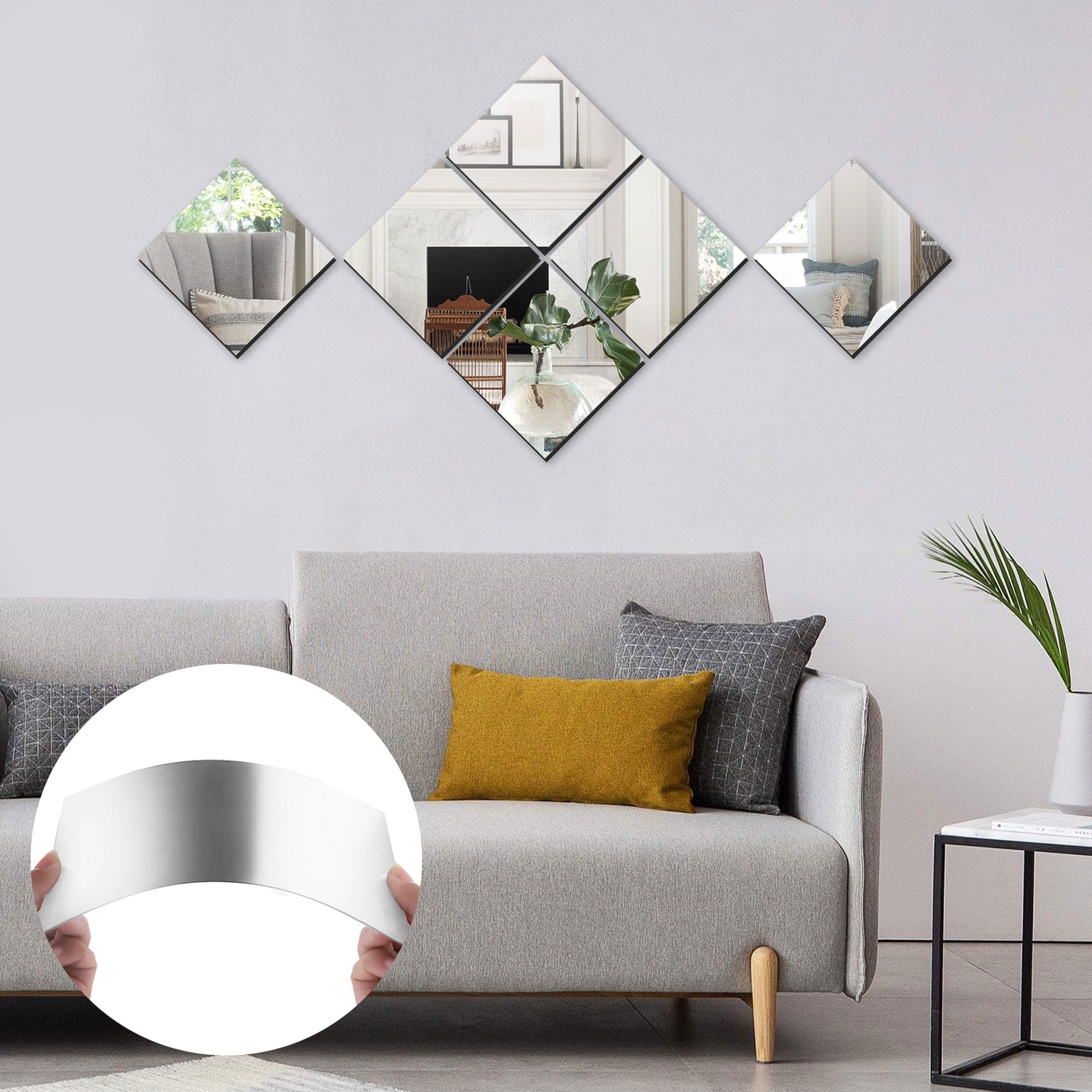 TSV Flexible Mirror Sheets Self-Adhesive Non-Glass Wall Tiles DIY Decor (12 Pieces, 6x6 in and 9x6 in) tjrgr