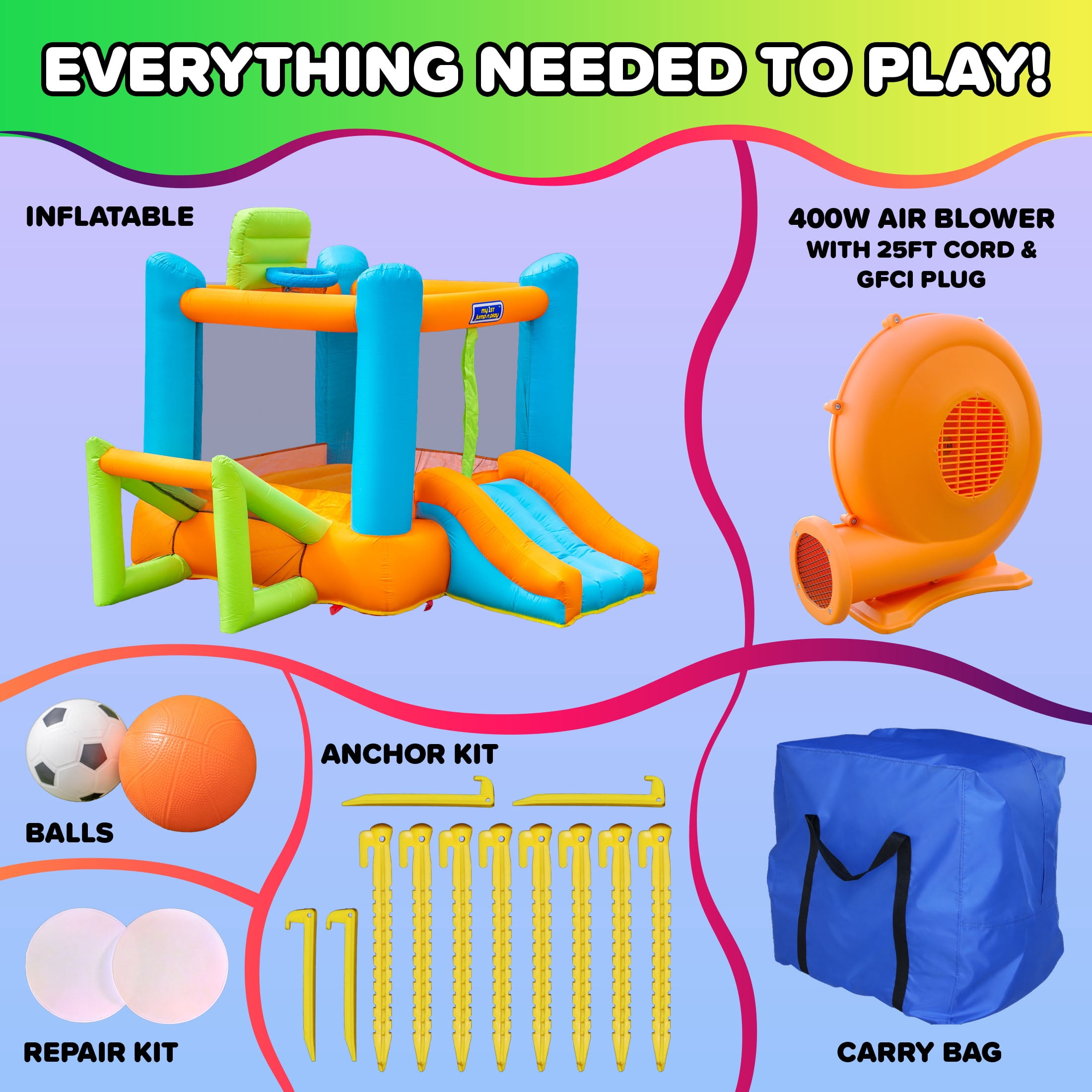 Sportspower My 1st 4-in-1 Inflatable Bounce House with Blower, Soccer Goal & Basketball Hoop (Multi-Color, 1 Unit) 1cwn7