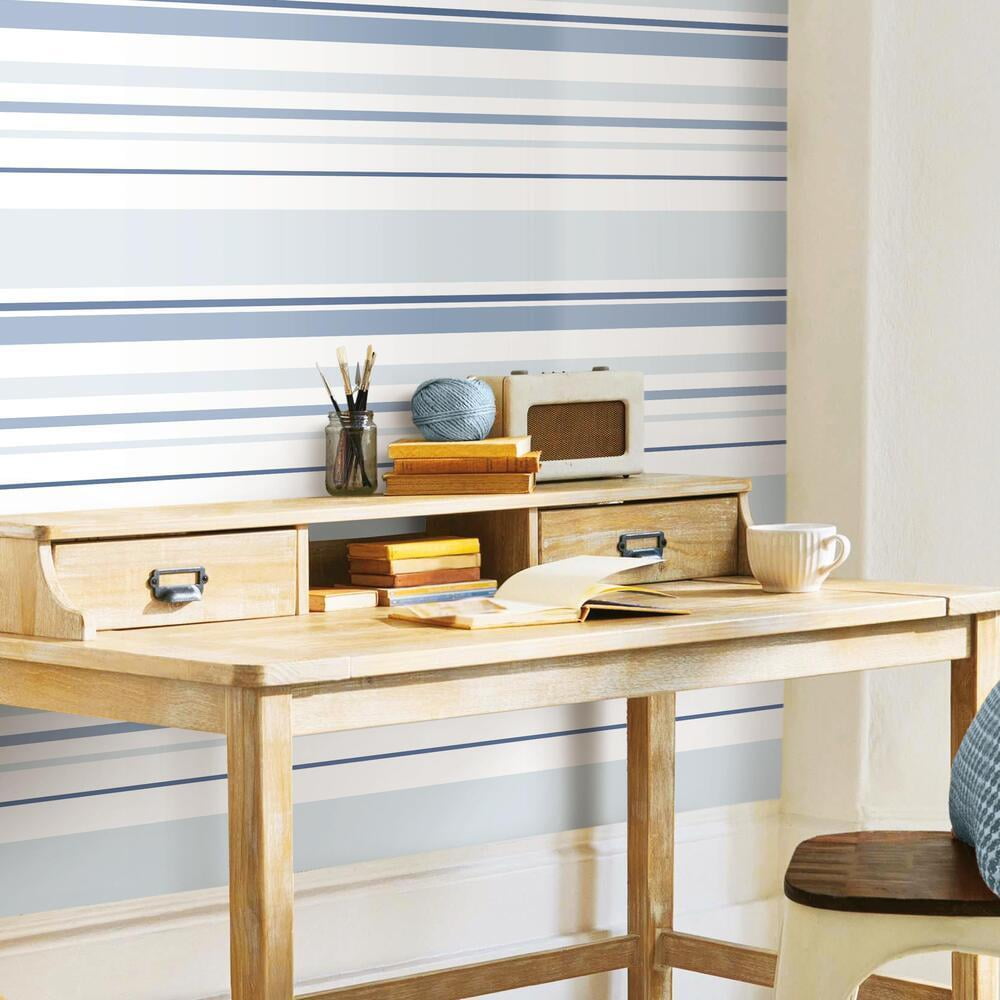 RoomMates Stripes Peel and Stick Wallpaper, Removable Self-Adhesive Wall Decor (Blue, 20.5 in x 16.5 ft) 6ei4f