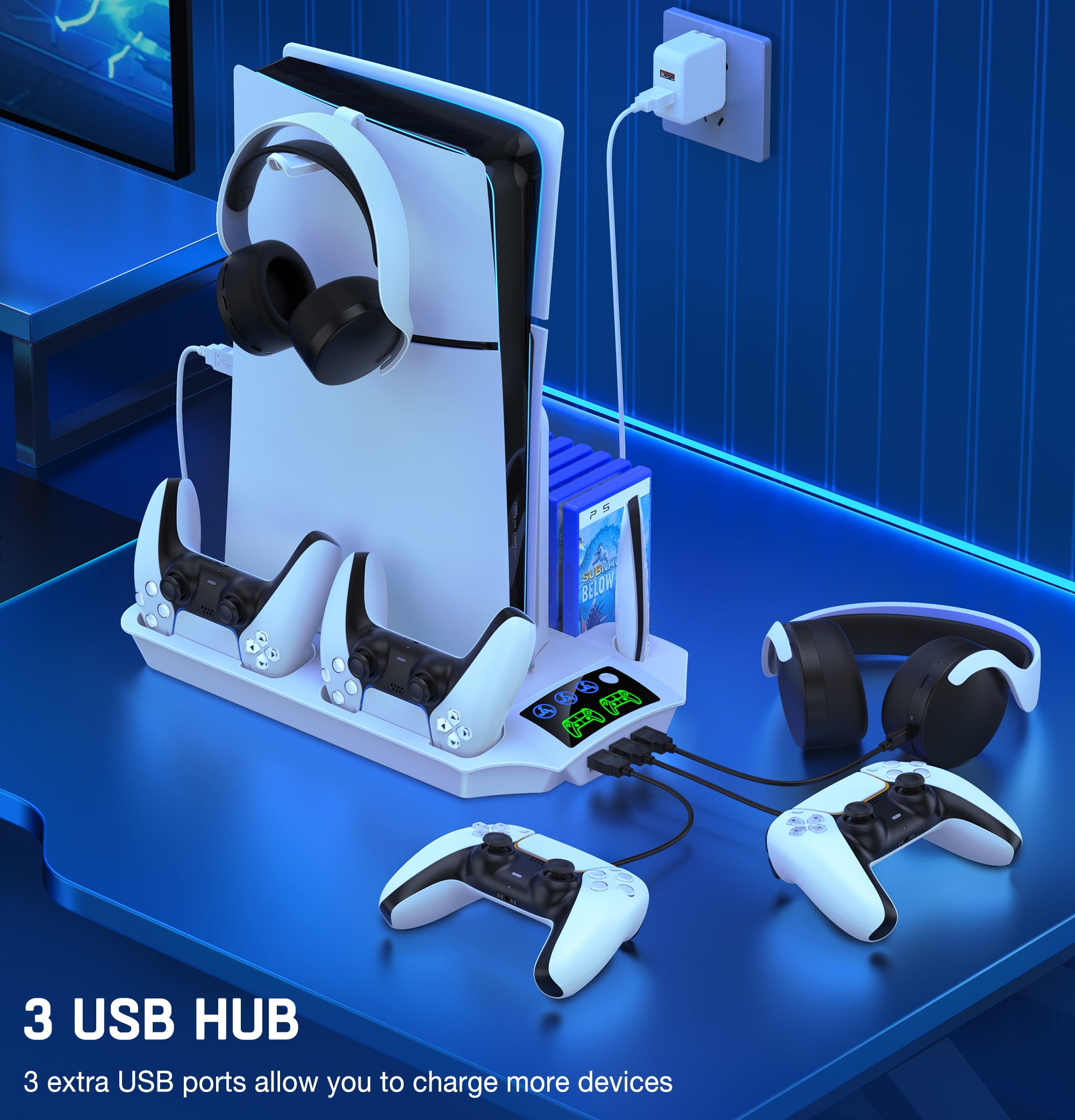 Beboncool PS5 Cooling Stand with Dual Controller Charger and Game Storage (White, 1 Pack) 3icr3