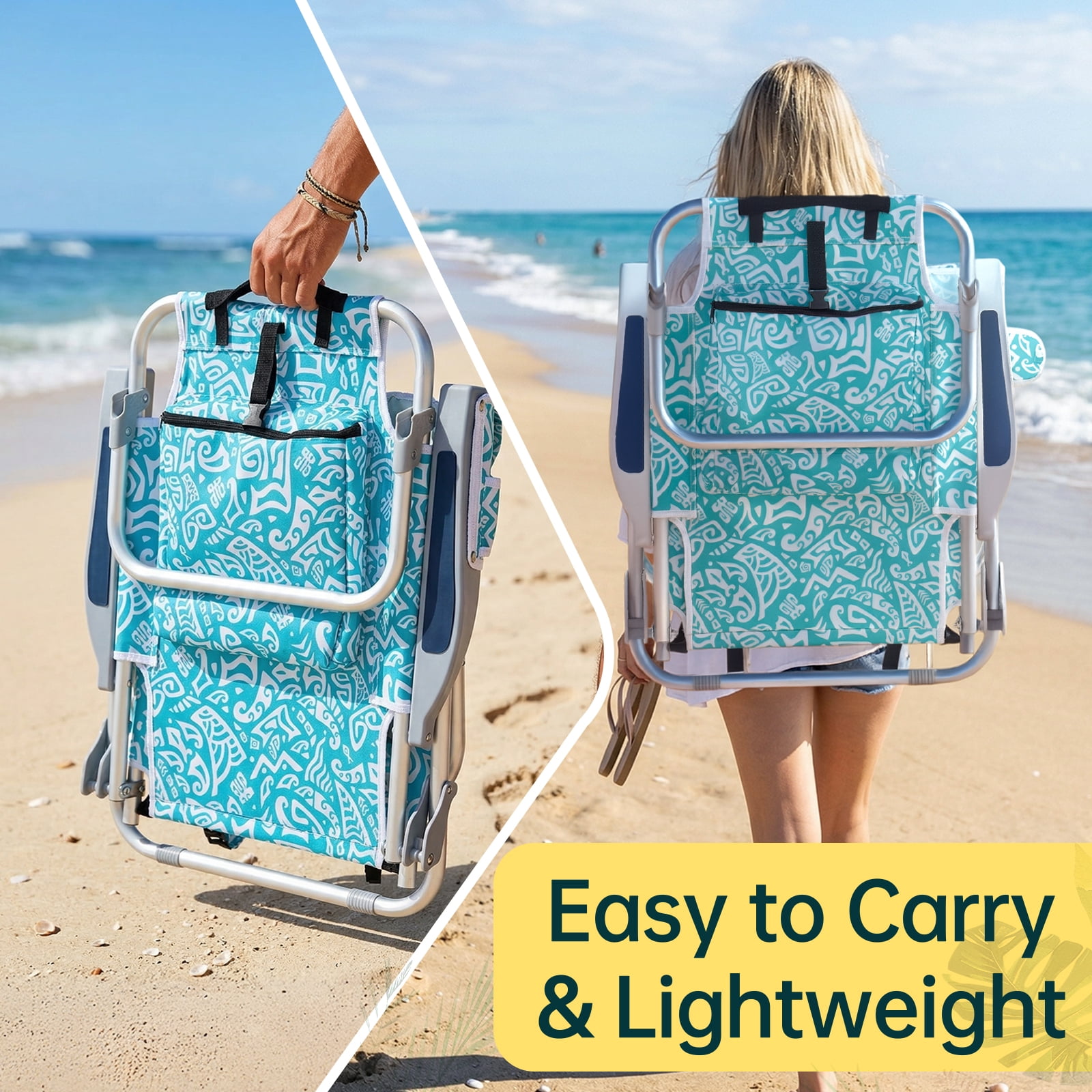 Ktaxon 5-Position Folding Beach Chair, Portable Backpack Camping Chair with Cooler Pouch and Storage (Green Tribal Print, 24.8 in x 25.6 in x 32.28 in) oe5gl