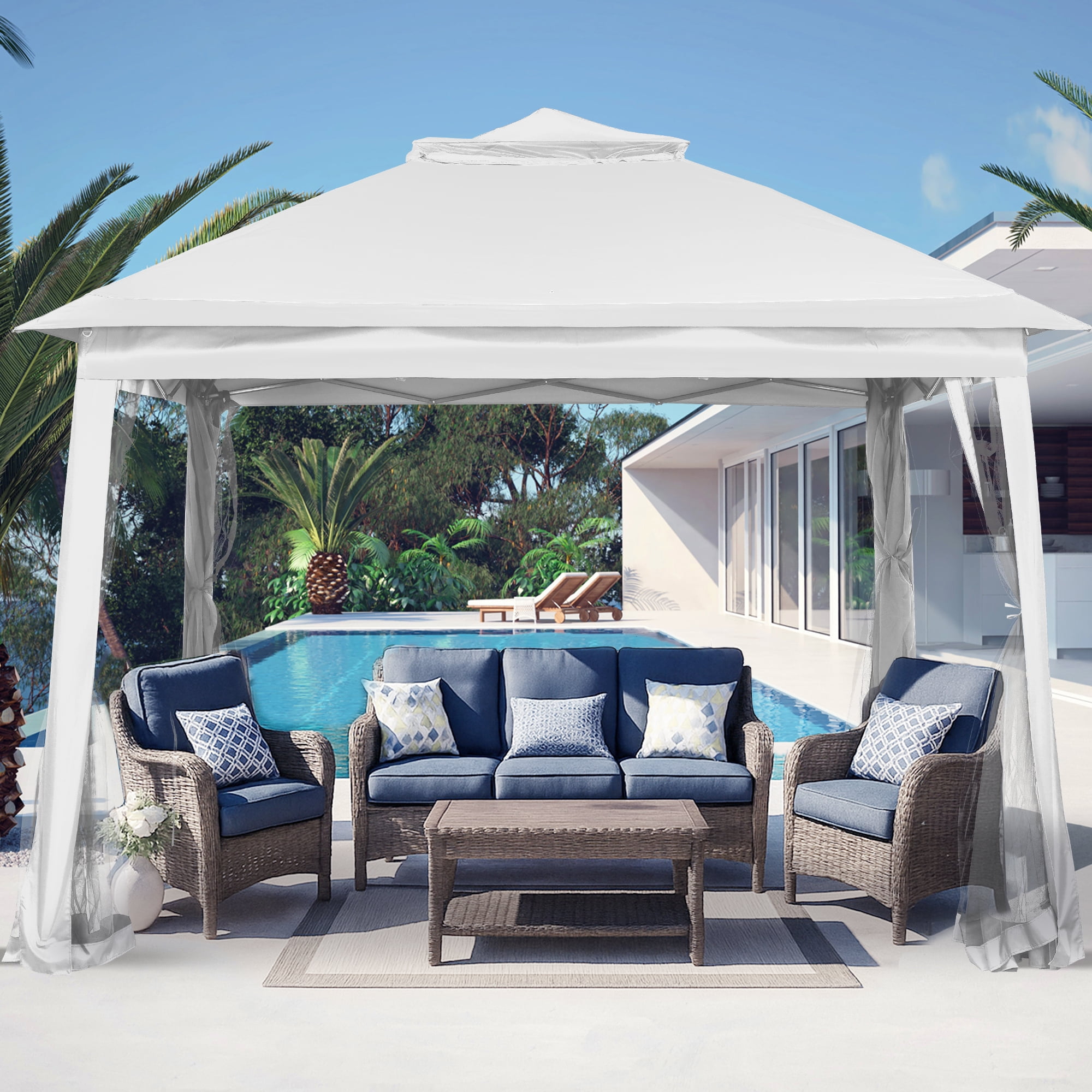 Ainfox Outdoor Patio Pop Up Canopy Gazebo with Mosquito Netting and UV Protection (White, 11 ft x 11 ft) 9ror8