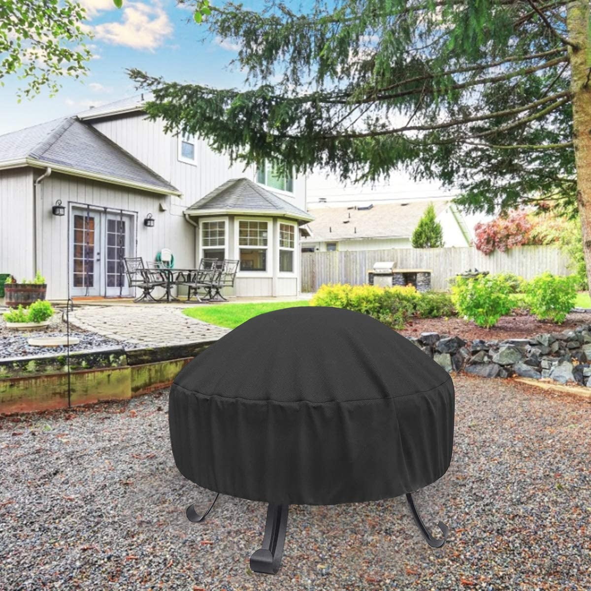 Dinosam Round Fire Pit Cover for Outdoor Gas Fireplaces, Waterproof and UV-Resistant Heavy-Duty Protection (Black, 32 in x 15 in) tett8