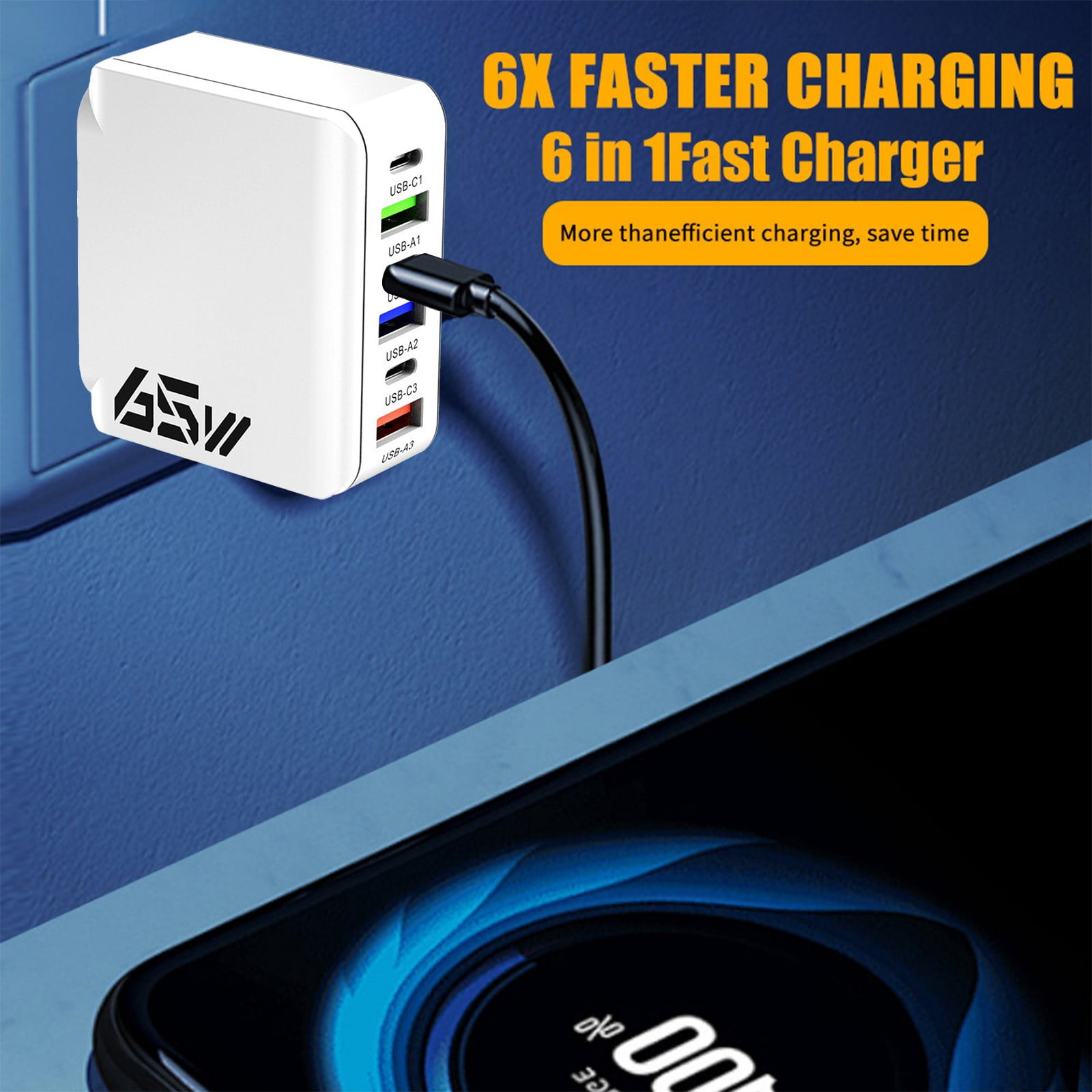 Aodebiao 65W 6-Port USB Fast Charger, Multi-Port Charging Station with 3 USB-C and 3 USB-A Ports (White) b6mx1