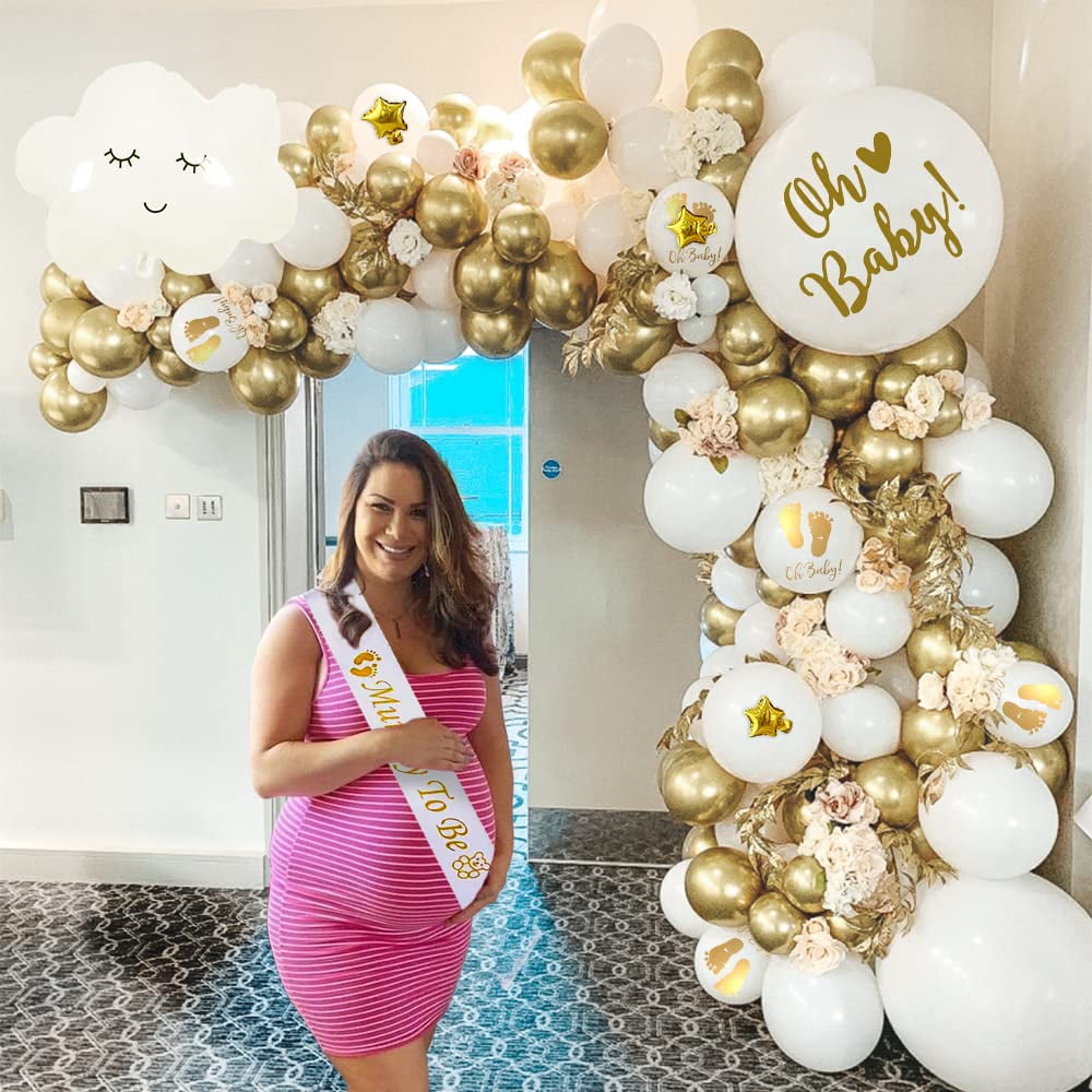 Yansion Baby Shower Decoration Set with White Gold Confetti Balloons Garland Arch and Mommy To Be Sash (56 Piece Set) gbtds
