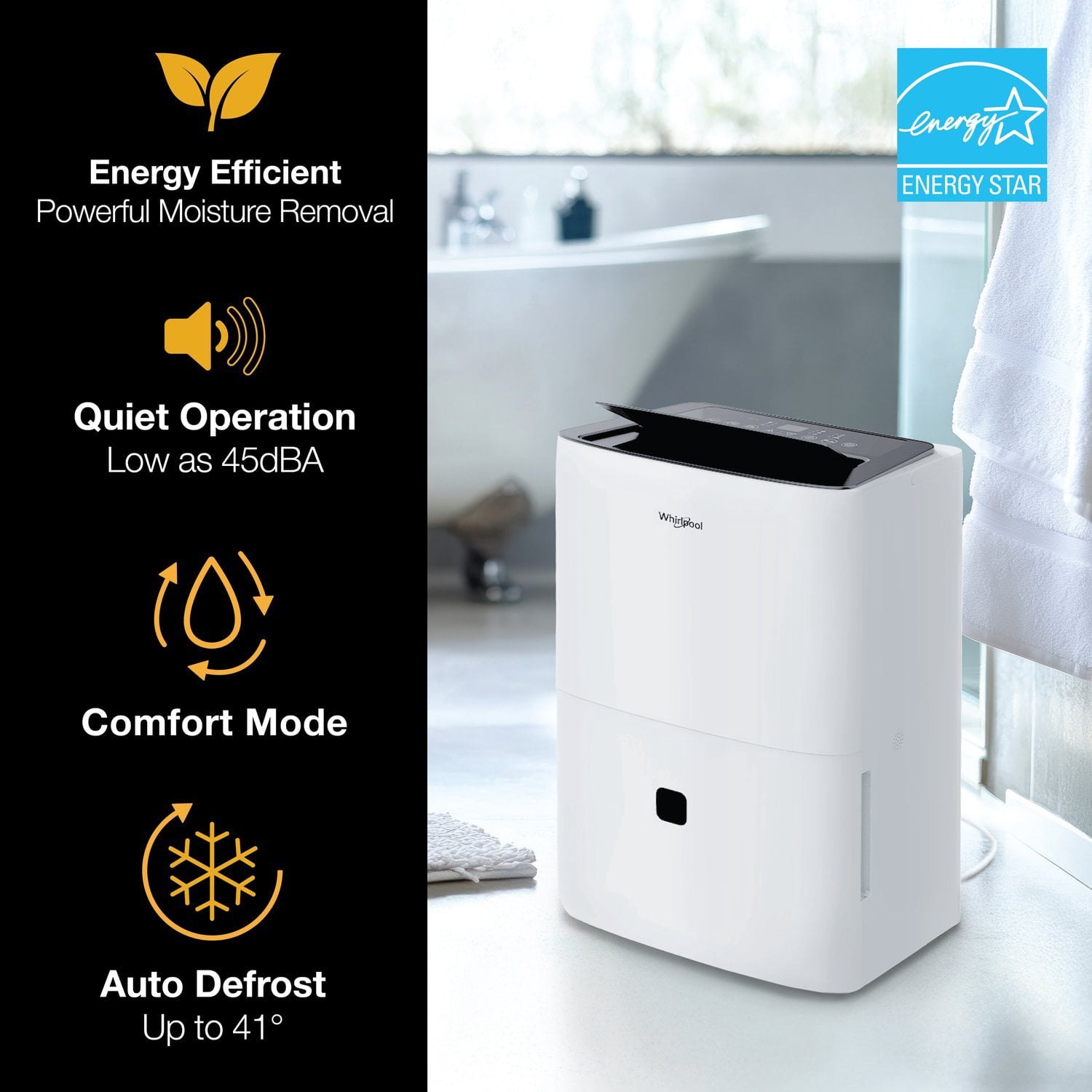 Whirlpool 50-Pint Dehumidifier, Energy Star Certified Moisture Removal (White, 50-Pint) 394r3