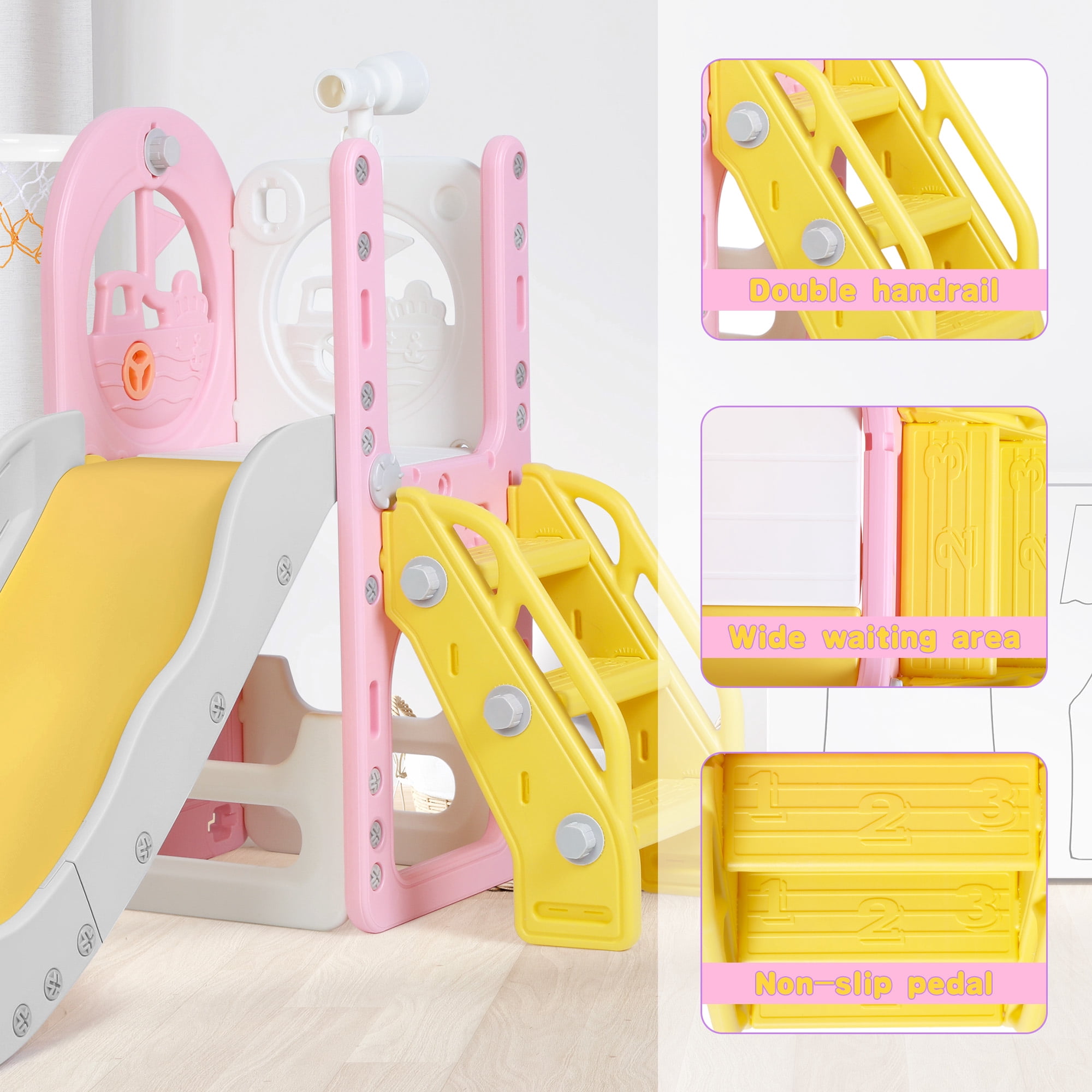 Zimeng 6-in-1 Toddler Slide and Climber Playset, Indoor Outdoor Activity Center with Basketball Hoop and Storage (Pink, 59 in x 27 in x 33 in) tmhu2