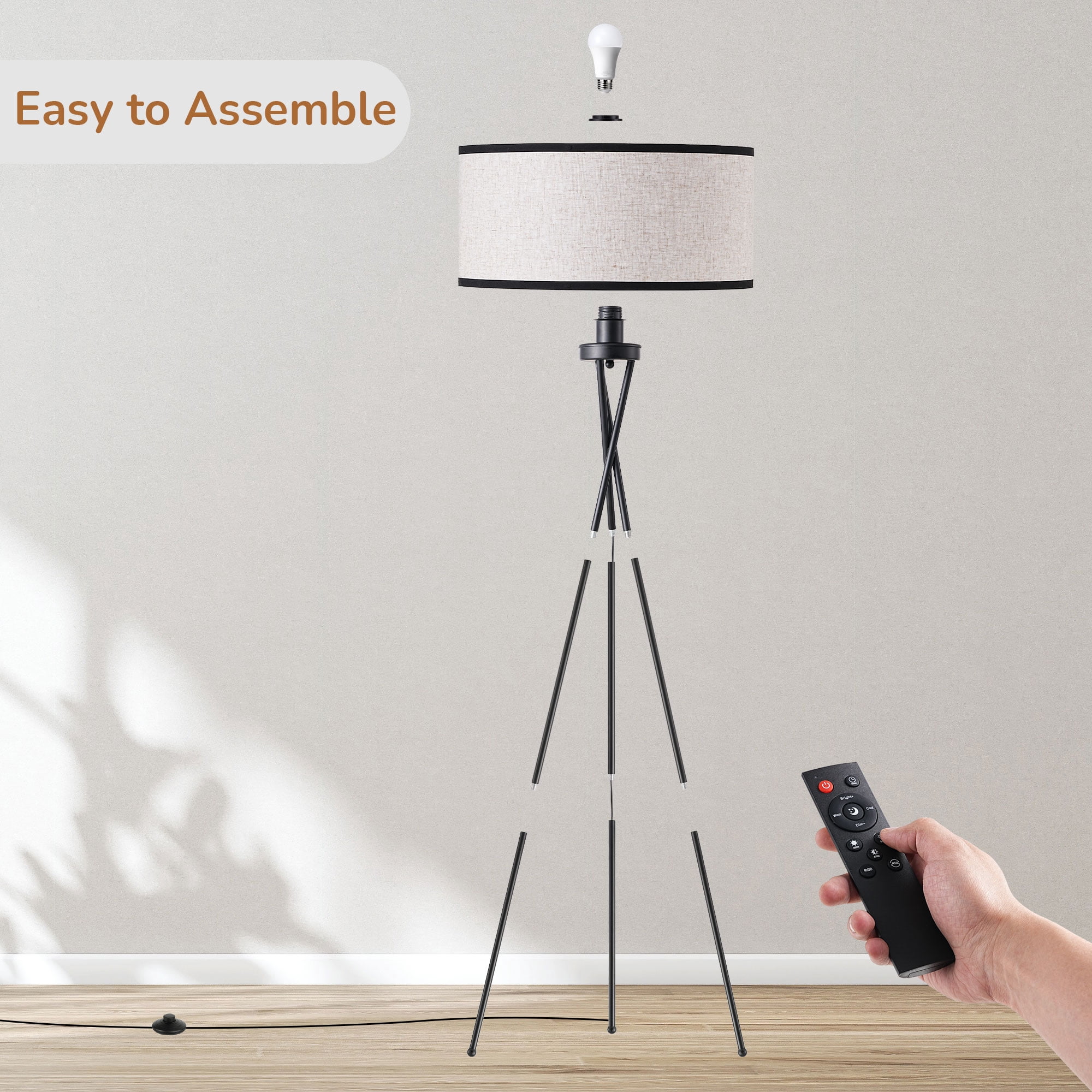 EDISHINE Tripod Floor Lamp with Remote and APP Control, Modern Dimmable LED Standing Lamp with RGB Bulb and Flaxen Linen Shade (Black, 66.9 in) nujo4
