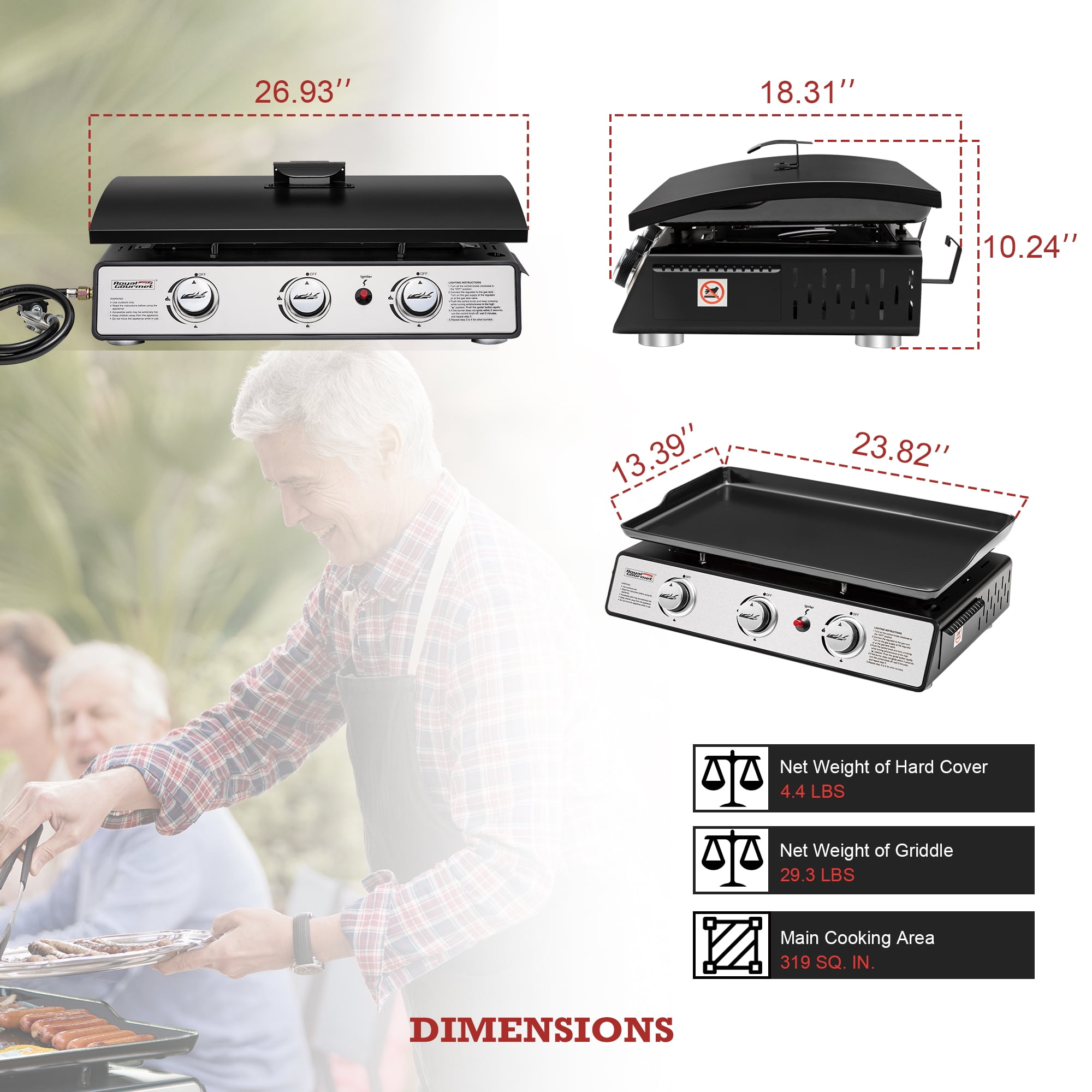 Royal Gourmet PD2301S 24 in 3-Burner Portable Gas Griddle with Hard Cover (Silver, 319 sq in) h304a