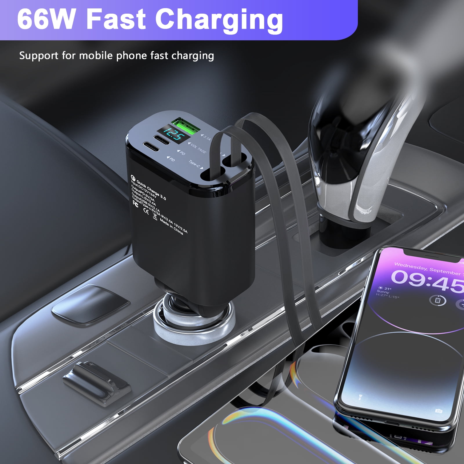 JcBlaon 66W Retractable Car Charger 4-in-1 Fast Charging Adapter with Voltage Monitor (Black, 5.5 x 2 x 1.29 in) sbwpr