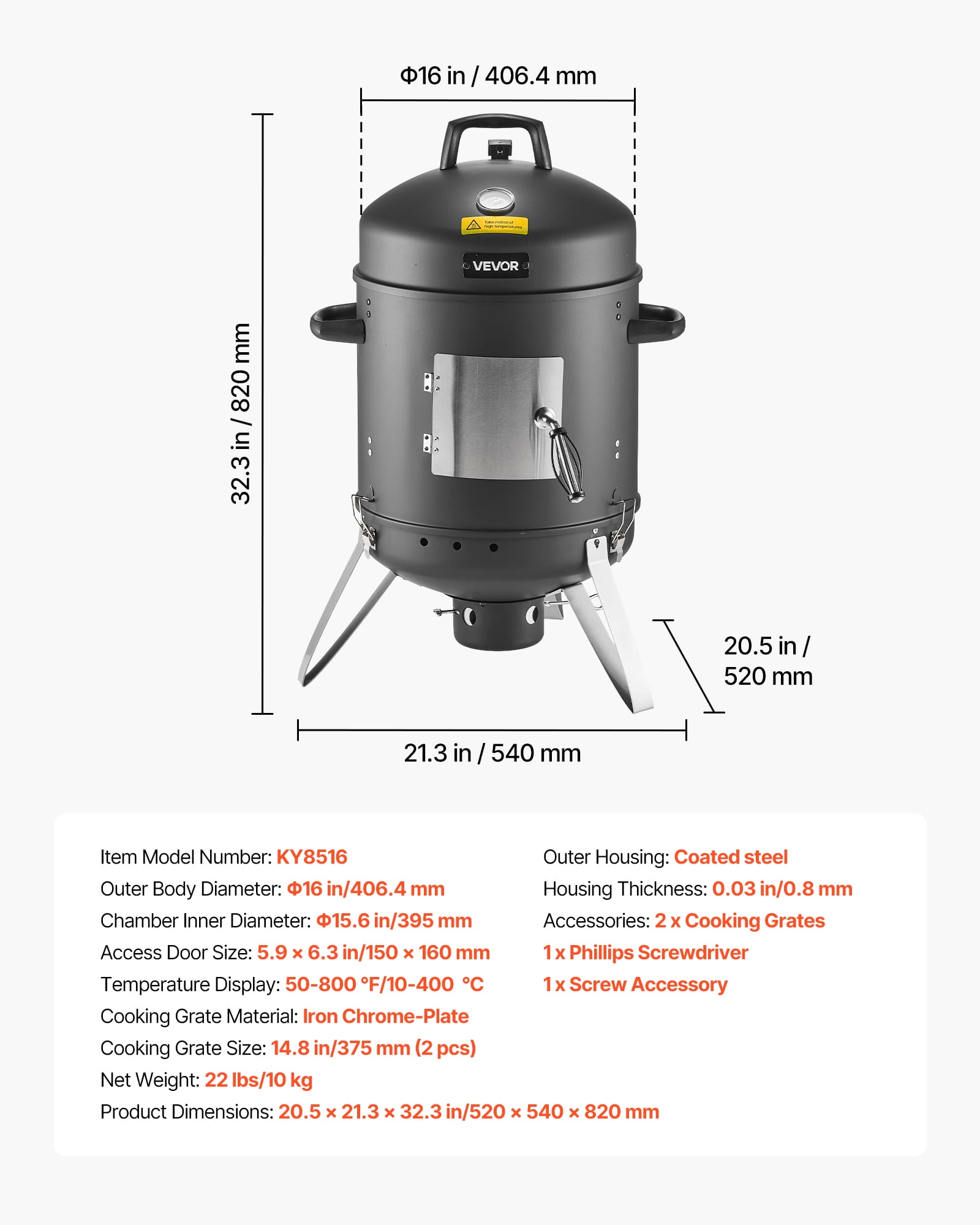 VEVOR Vertical Charcoal Smoker, 16 in BBQ Grill with Dual Grates, Temperature Gauge & Ash Tray (16 in) 18s53