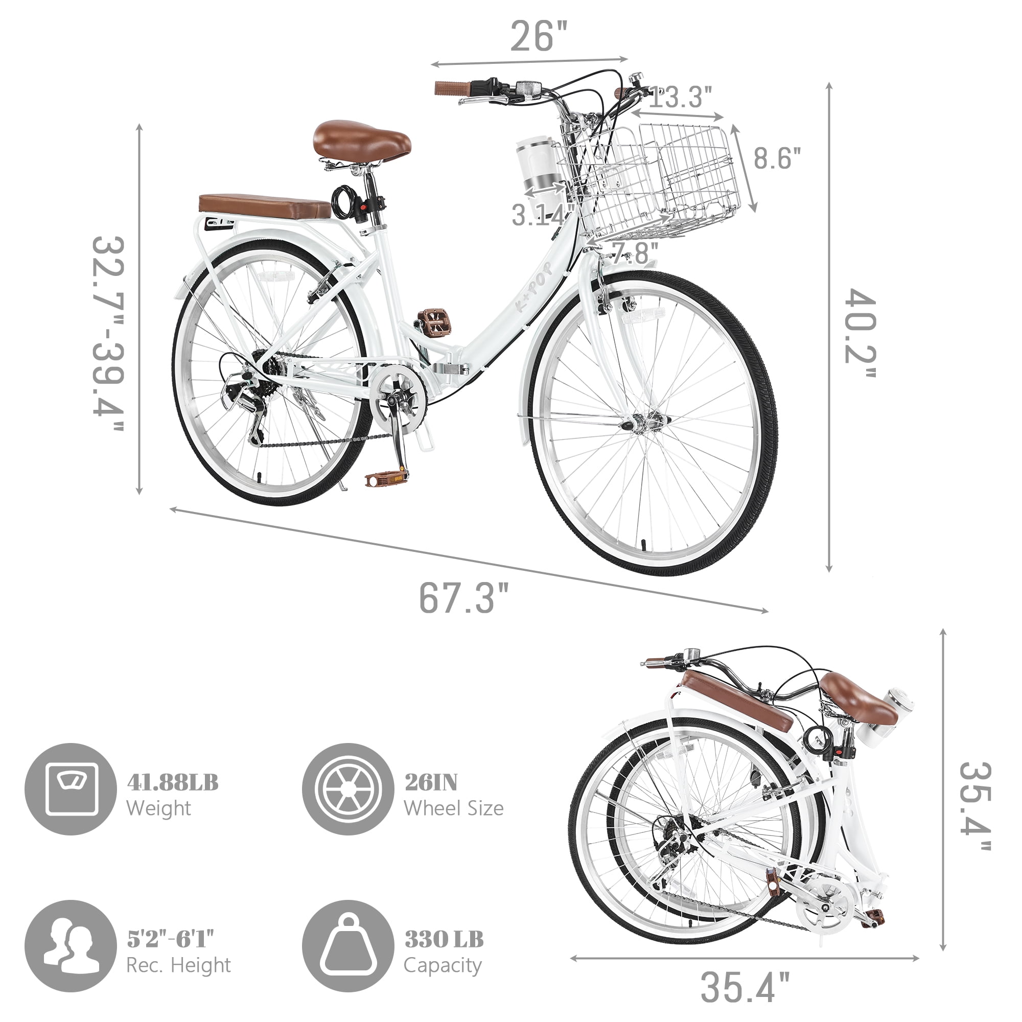 Bstjewey Folding Beach Cruiser Bicycle for Women, 7-Speed Commuter Bike (White, 26 in) azp2c