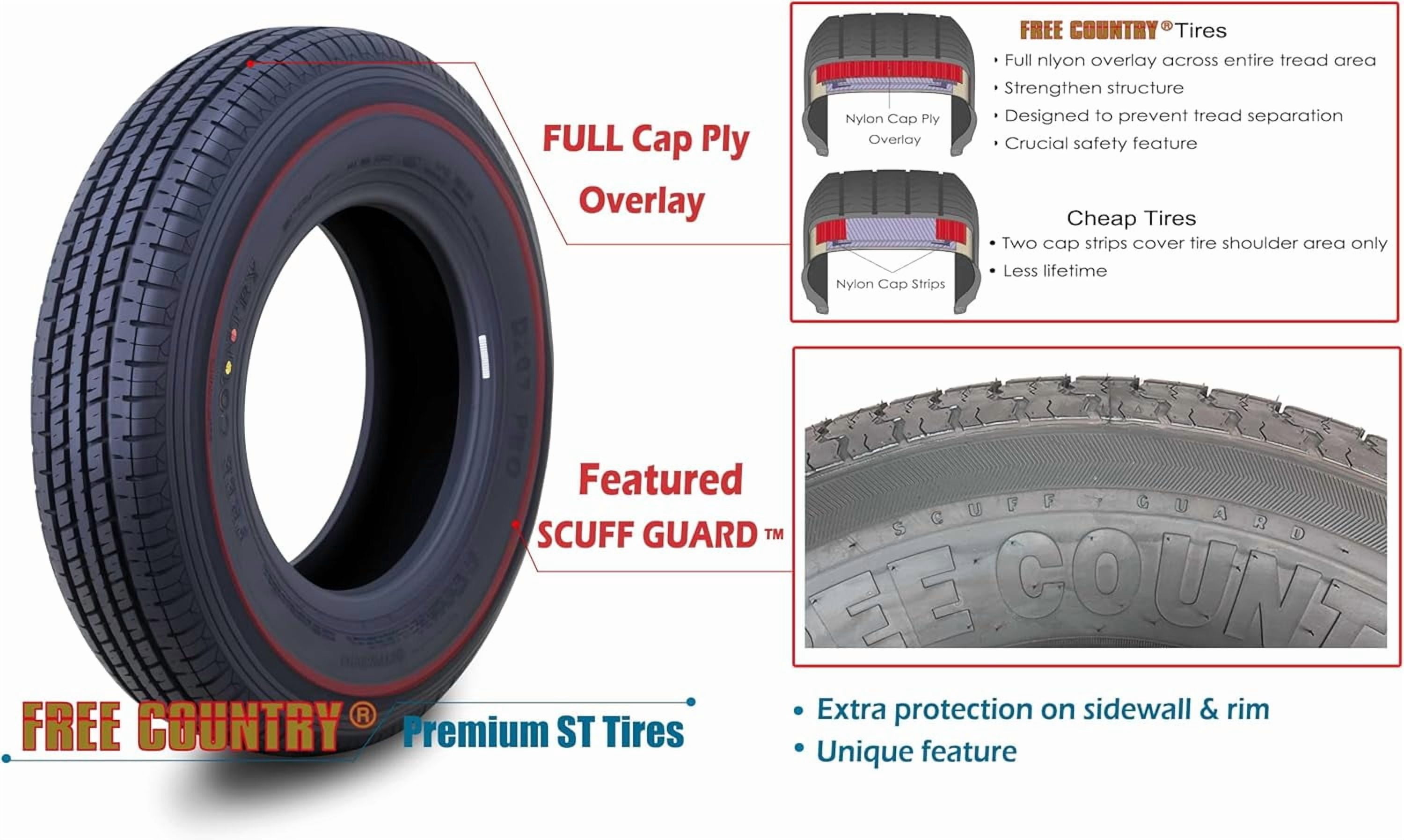Free Country Premium ST185/80R13 Trailer Tire with Side Scuff Guard (8PR Load Range D, Set of 2) 89y6r