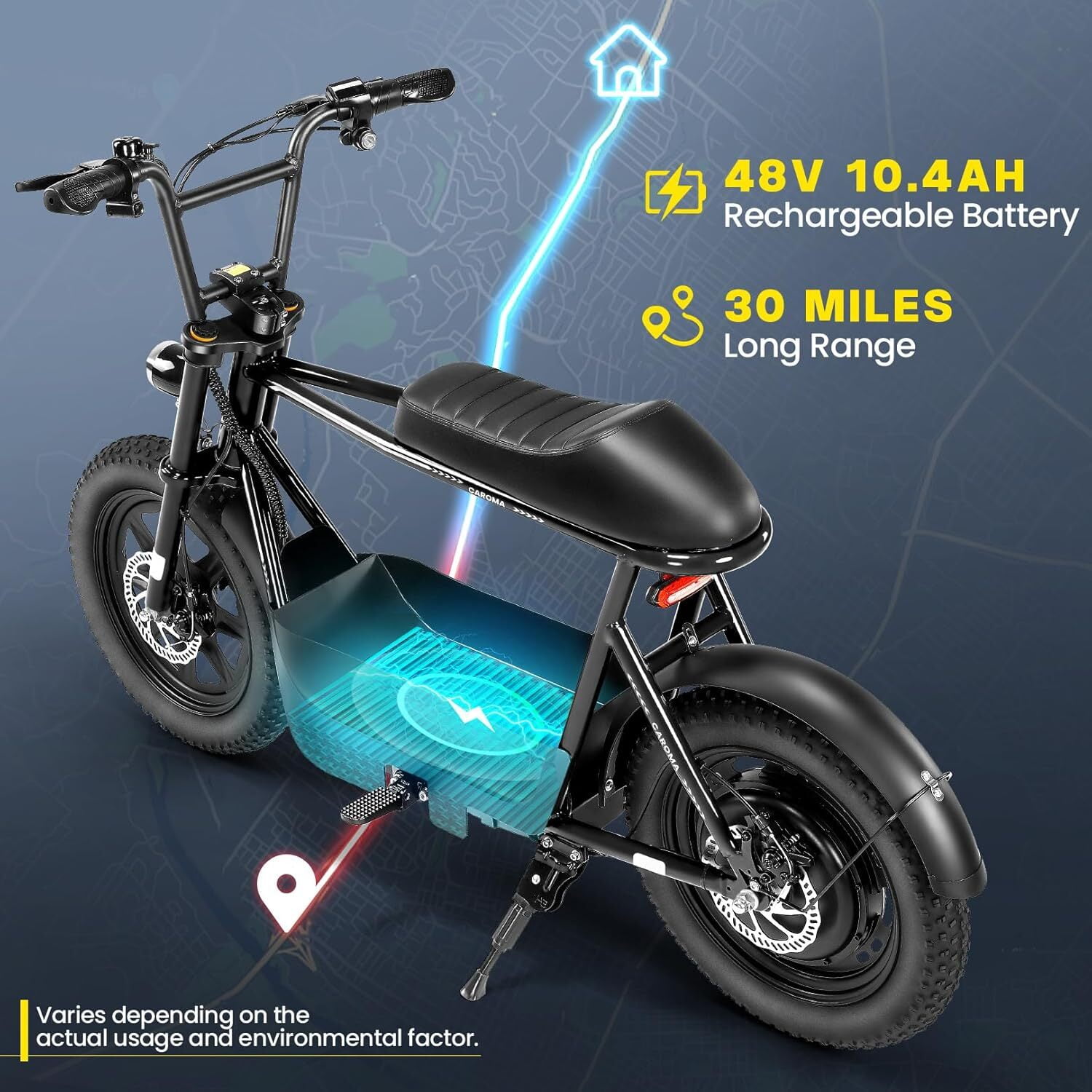 Caroma Electric Scooter with Seat and Basket, 800W Motor, 25 Mile Range, 16 in Fat Tires (Black) ns3hp