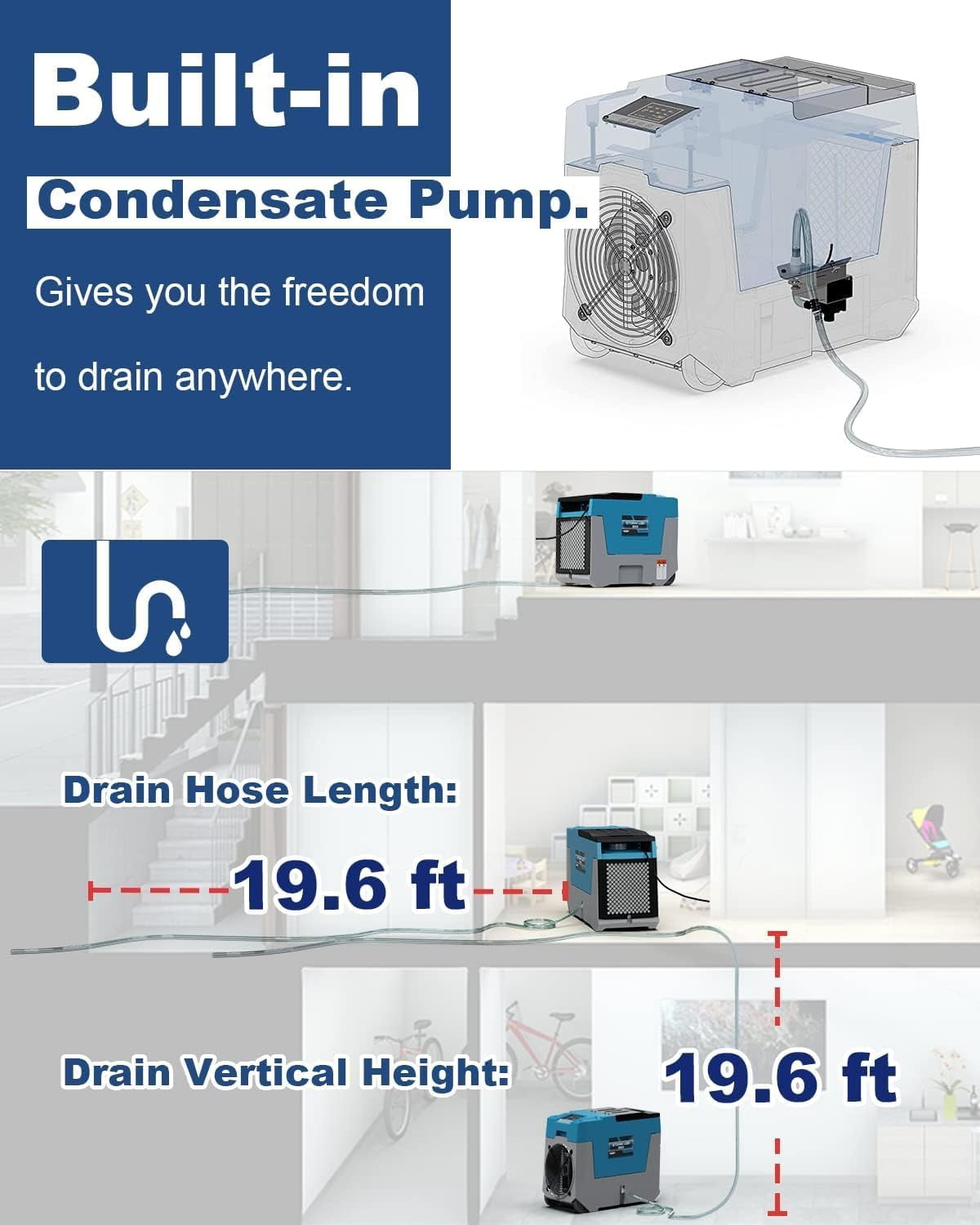 AlorAir 180 PPD LGR Commercial Dehumidifier with Built-in Pump (Blue, 28 Gallons) eki9d