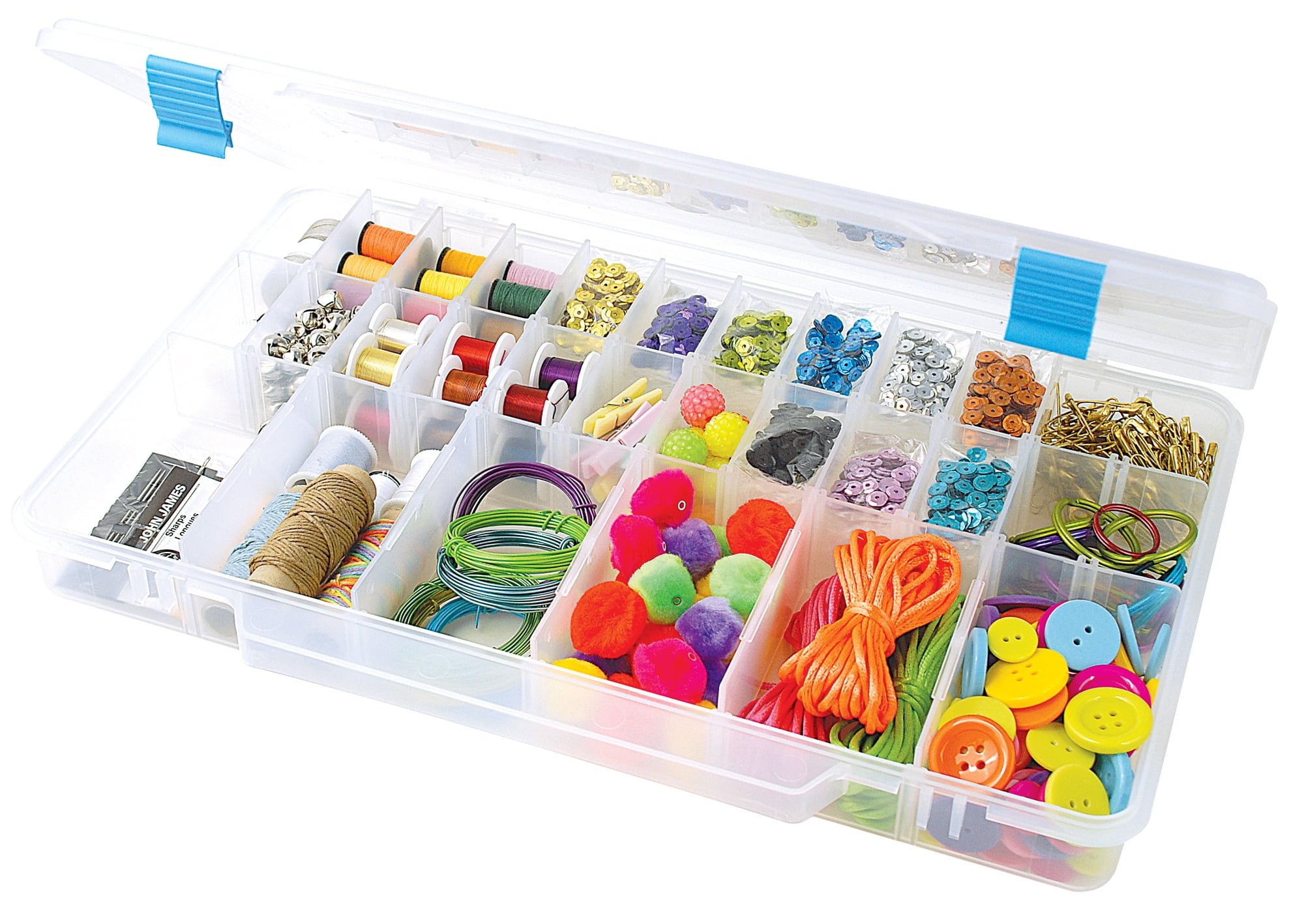 The Beadery Large Utility Storage Box with 28 Adjustable Compartments (Clear, 14 in x 9 in x 1.75 in) tfnmz