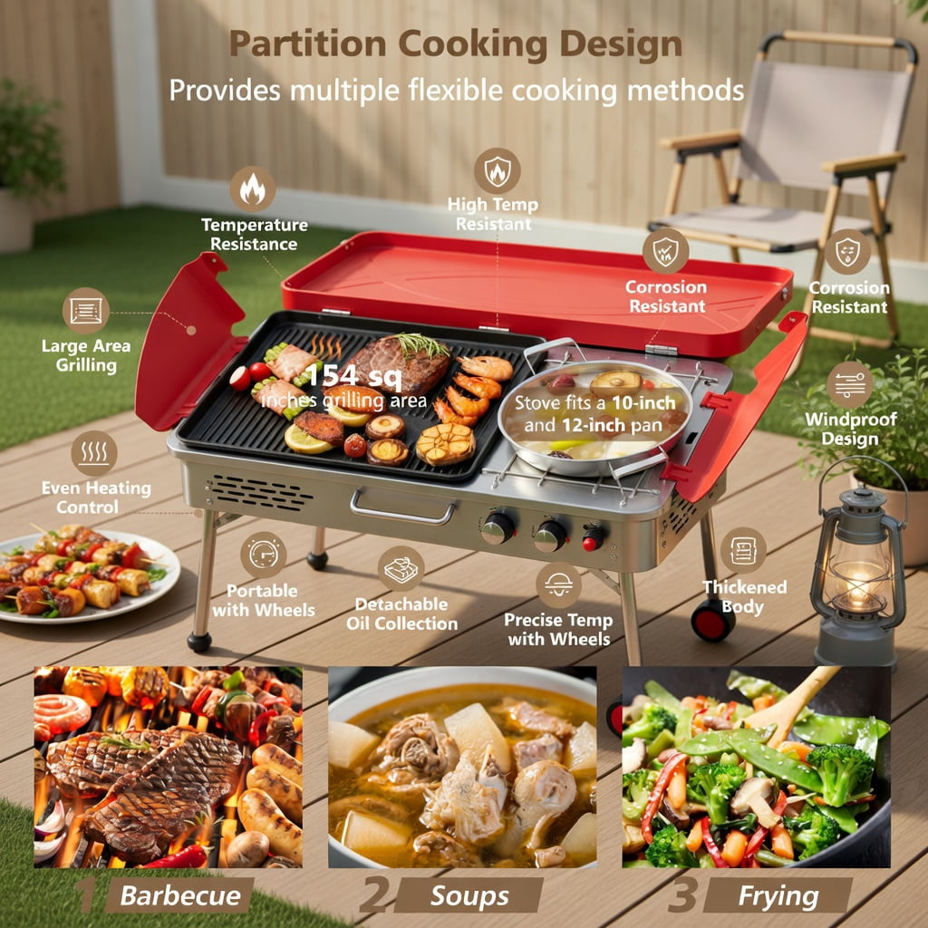 Resenkos 2-in-1 Portable Gas Camping Grill and Stove (Red, 23 in x 11.5 in x 8.5 in) bg87i