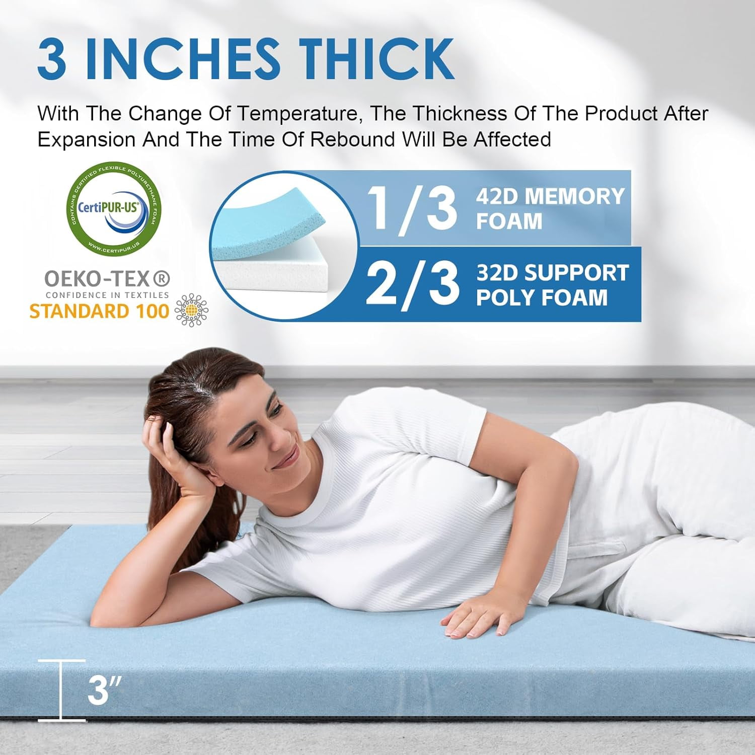 Invoker Memory Foam Camping Mattress Pad, Portable Roll Up Sleeping Mat for Travel and Guest Bed (Grey, 63 in x 26 in x 3 in) mow19