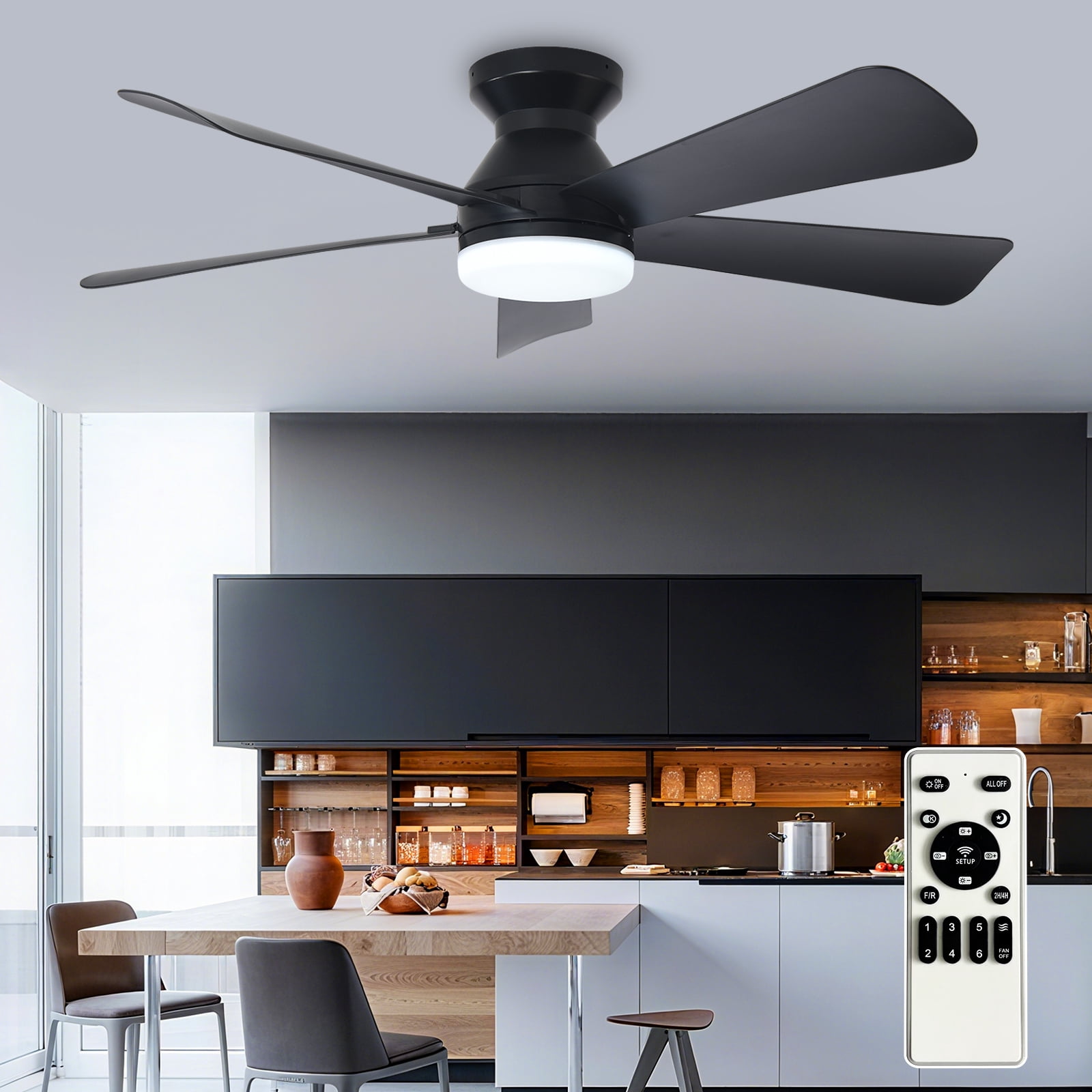 Depuley 42-Inch Low Profile Ceiling Fan with Dimmable LED Light, Quiet DC Motor, Remote Control (Black, 42 in) 7fr22