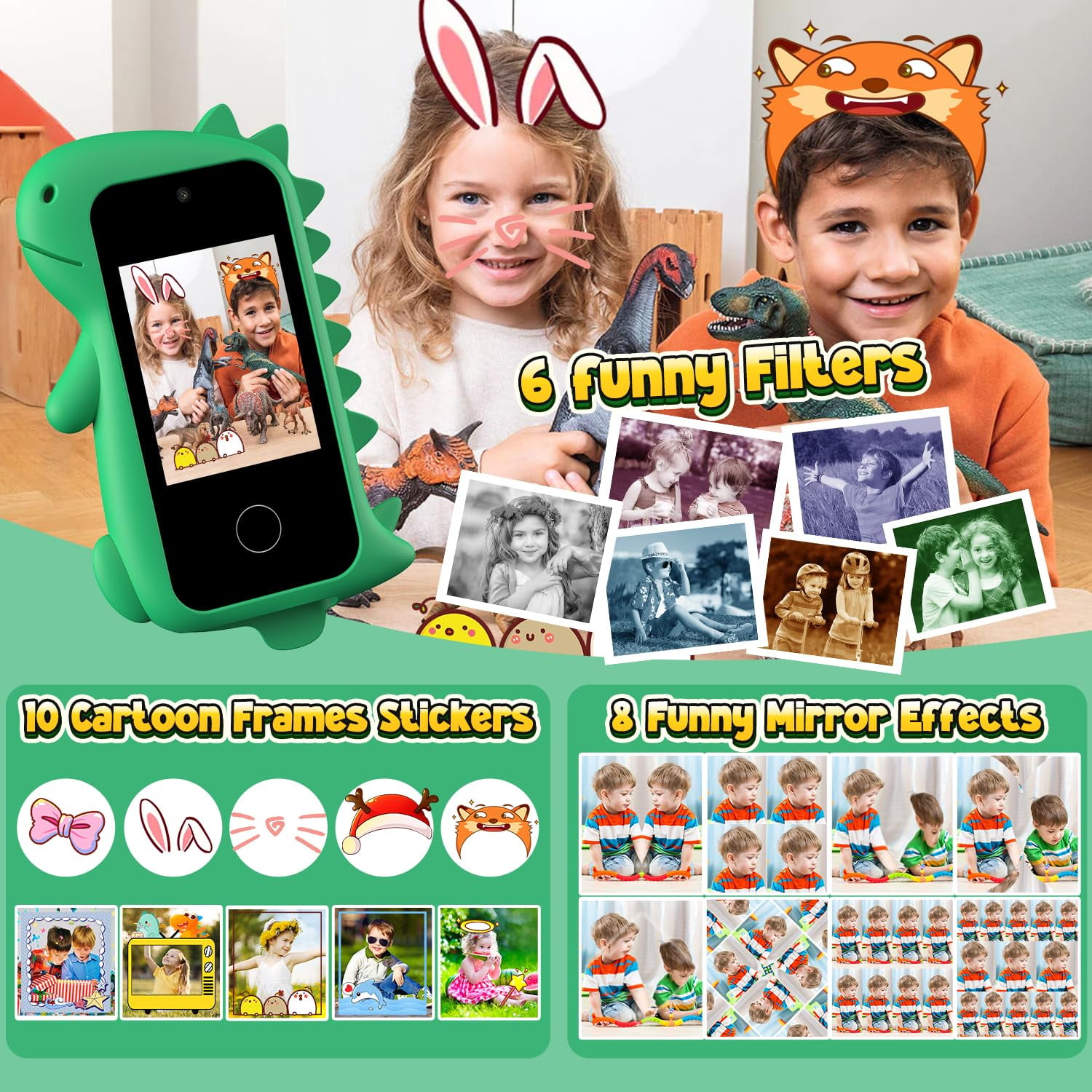 Gofunly Kids Smartphone Toy with Dual Camera and 32GB SD Card (Green, 2.8 in) 6d9p7