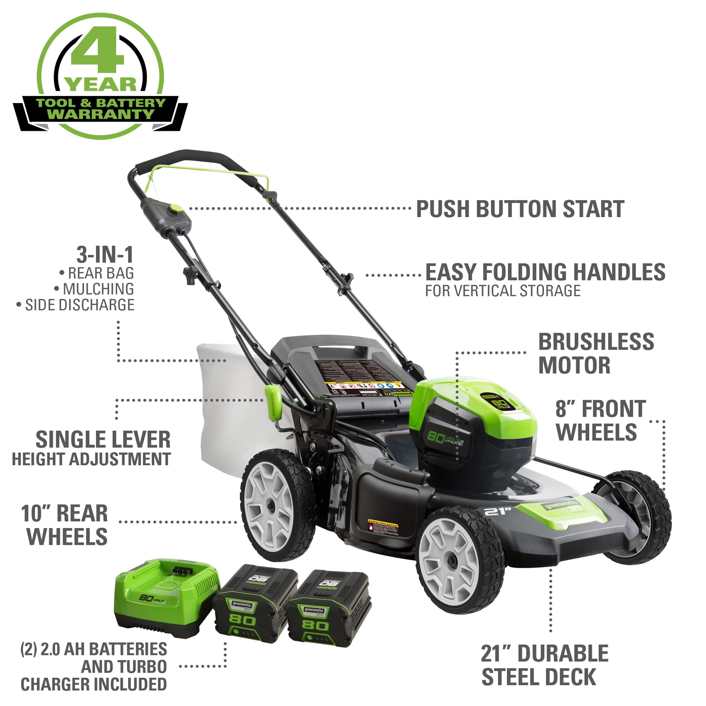 Greenworks 80V 21-inch Cordless Push Lawn Mower with Two 2.0Ah Batteries and Charger (21 in) hkh1c