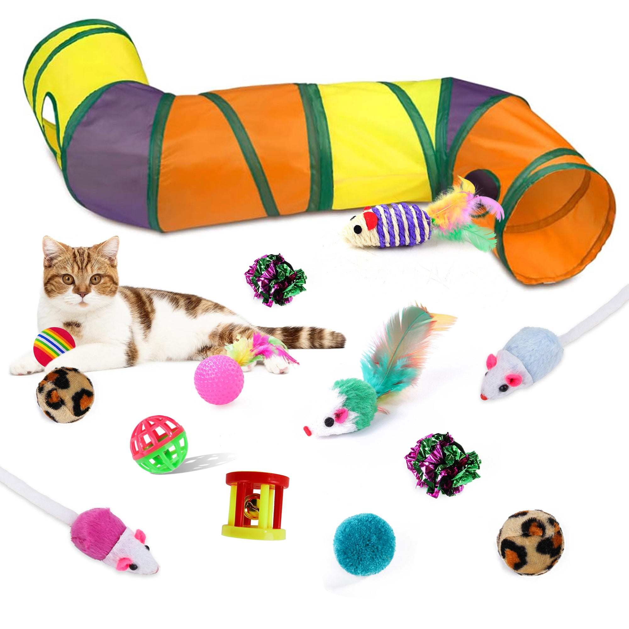 Semfri Interactive Cat Toy Set with L-Shaped Tunnel and Plush Accessories (22-Piece Set) a801x