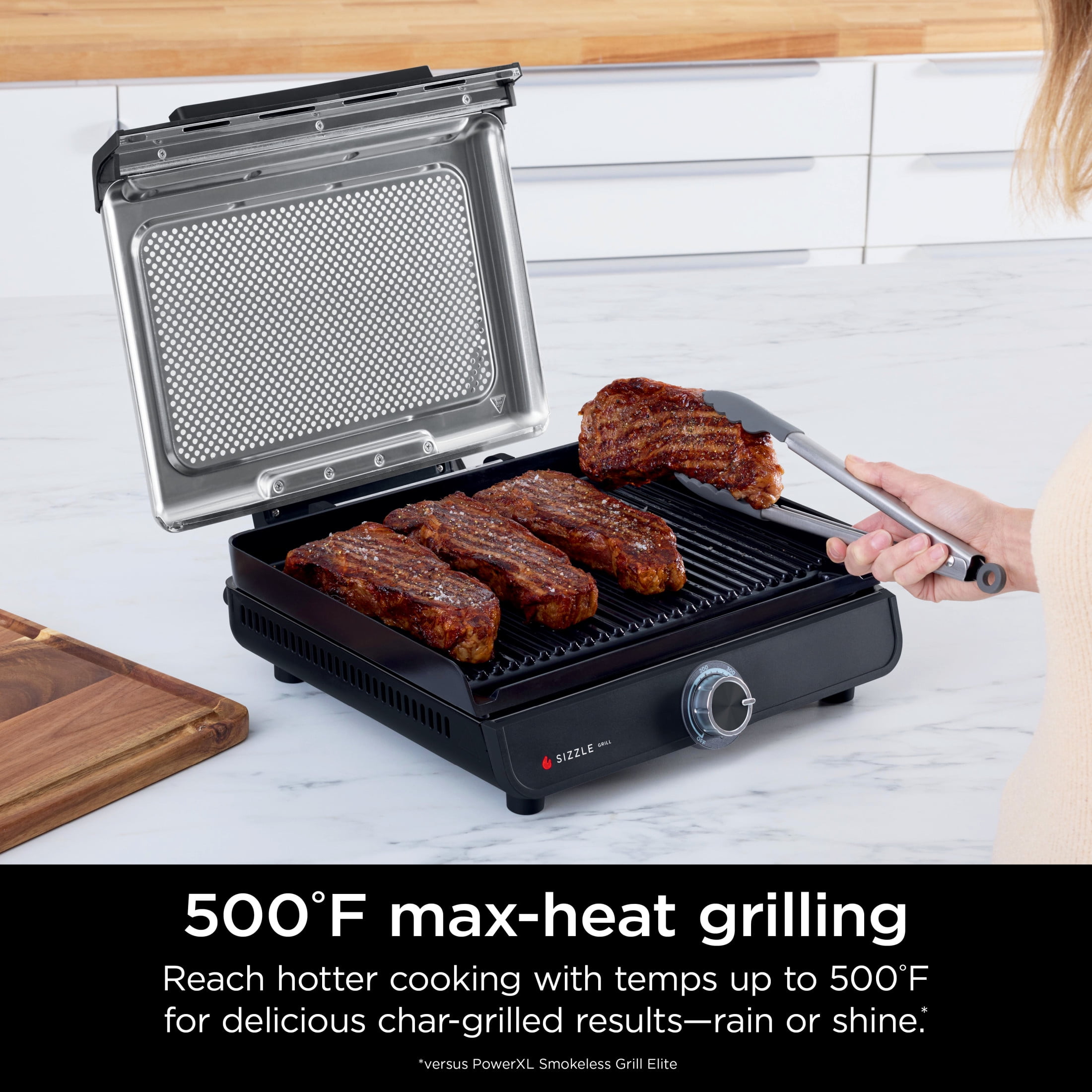 Ninja Sizzle Electric Indoor Grill, Low Smoke, 500°F Max Heat, Nonstick Surface (Black, 14 in) 8ts8z