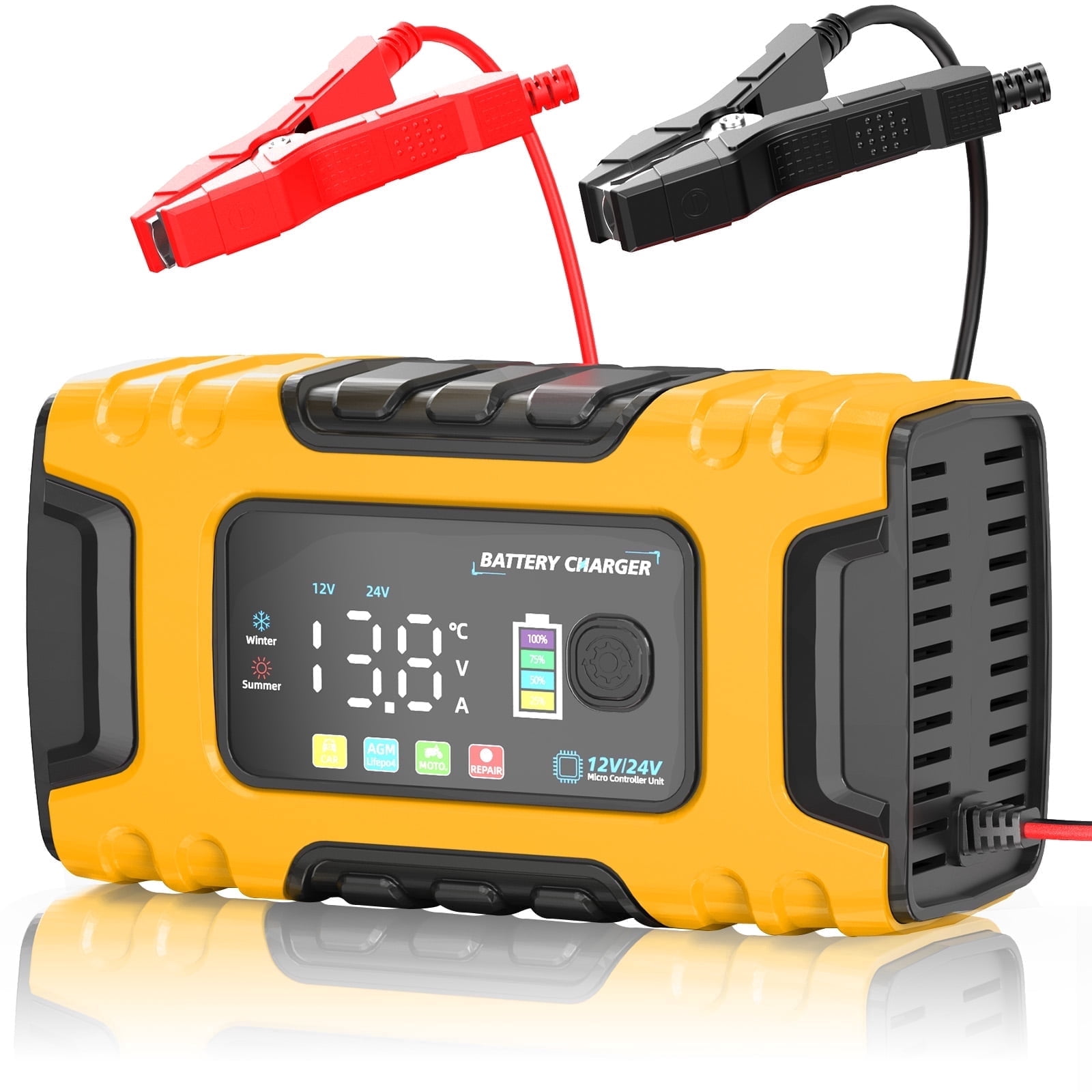 HUSGW Smart Car Battery Charger 12V 10A/24V 5A Automatic Trickle Maintainer for Lead-Acid and LiFePO4 (Yellow) 3qr0f