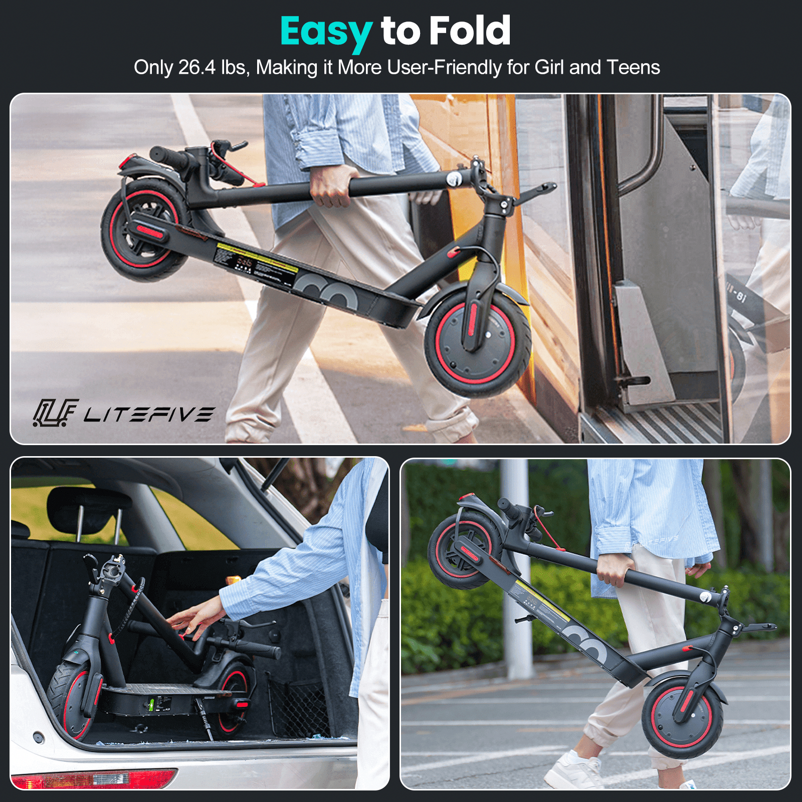 LiteFive LF3 Electric Scooter for Adults, Portable Foldable Commuter E-Scooter with 350W Motor (Black, 26 lb) f8jus