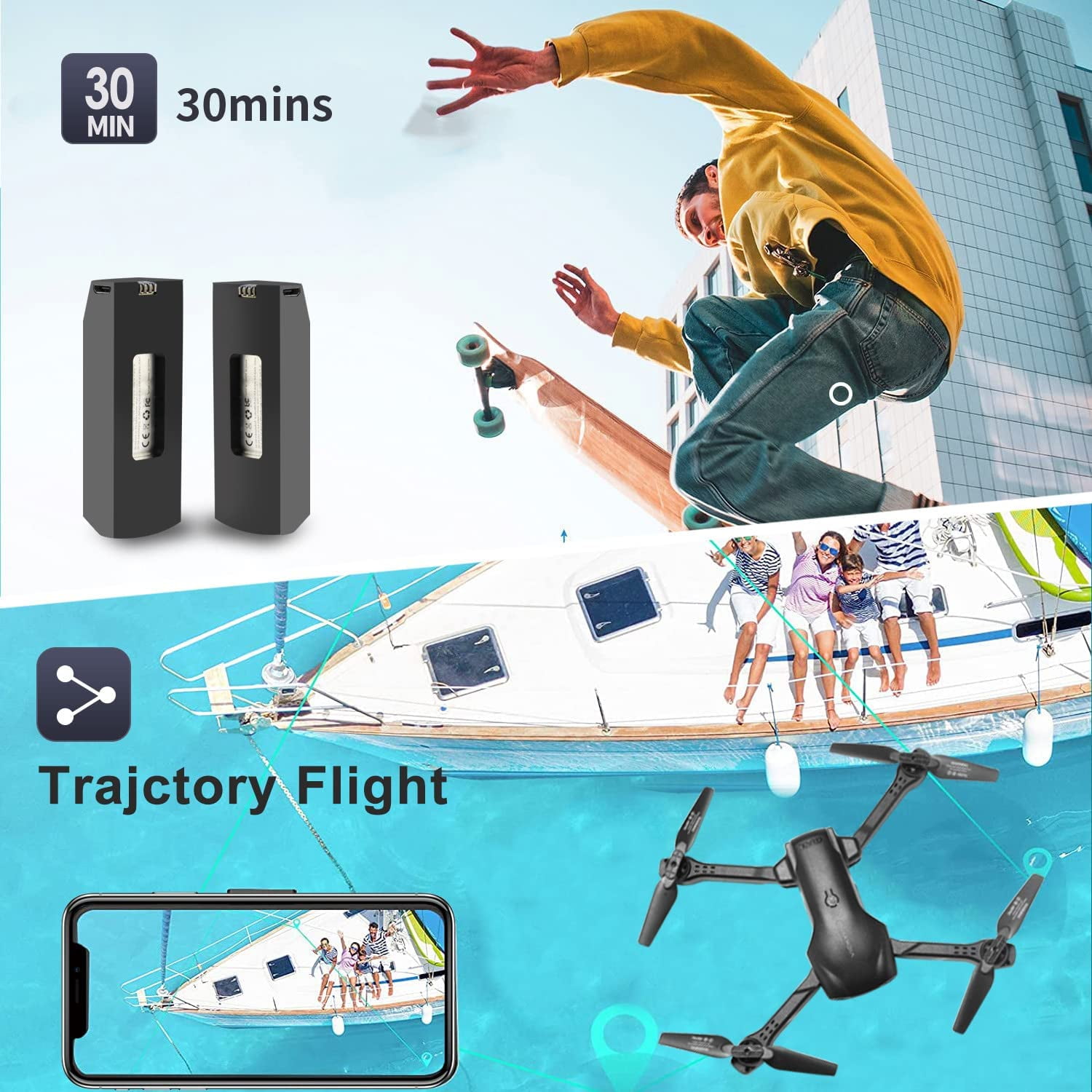 Eoyeskido FPV RC Quadcopter Drone with 1080P HD Camera, Optical Flow Sensor, and LED Lights (Black, 2 Batteries) zi2en