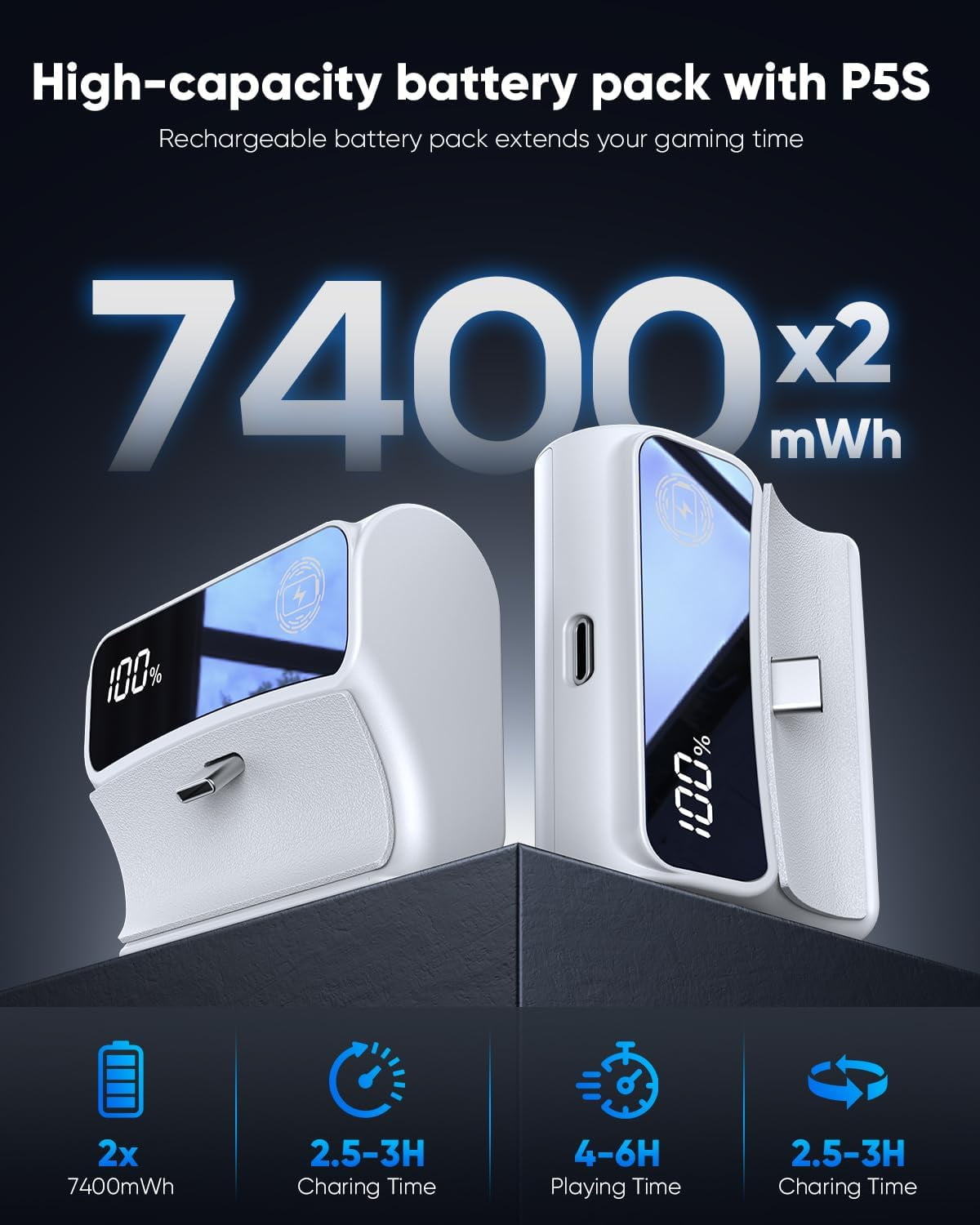 Prociv Rechargeable Battery Pack for PS5 DualSense Controller, LED Power Display Extended Gaming Accessory (White, 7400mWh) tnqdh
