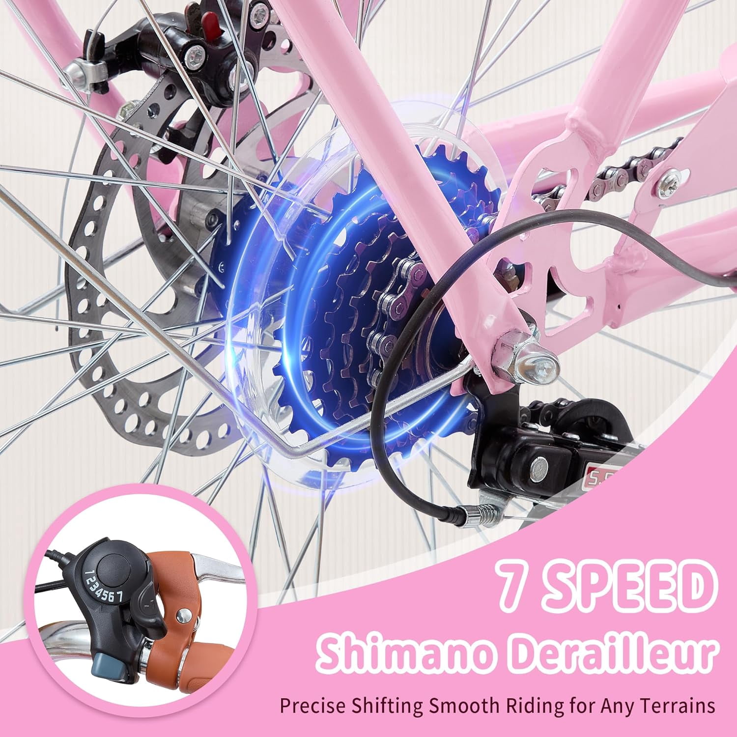 DEYGIA 20 Inch 7-Speed Retro Cruiser Kids Bike with Rattan Basket (Pink, 20 in) gt5nq