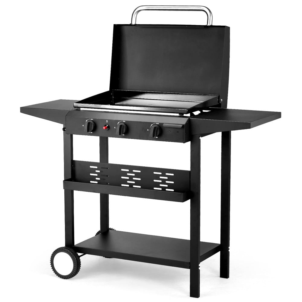 IVV 3-Burner Propane Gas Flat-Top Griddle, Outdoor Cooking Station with Side Shelves and Spice Rack (Black, 23.2 in x 14.2 in) nbwtq