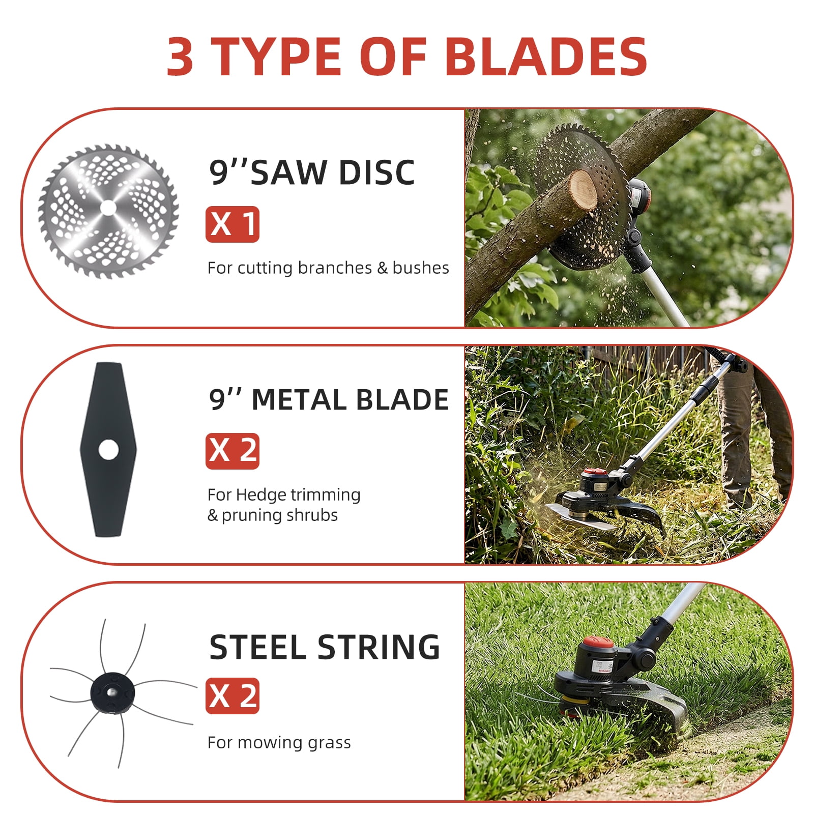 Paddsun Cordless Electric Weed Wacker, 21V Brushless Grass Trimmer & Edger with 2 Batteries (Red, 9 in) r85u8