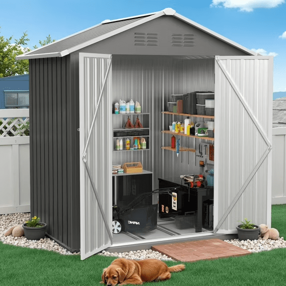 Enyopro Outdoor Storage Shed, Galvanized Metal Garden Tool Shed with Lockable Double Doors and Sloped Roof (Gray, 6 ft x 4 ft) p6ius