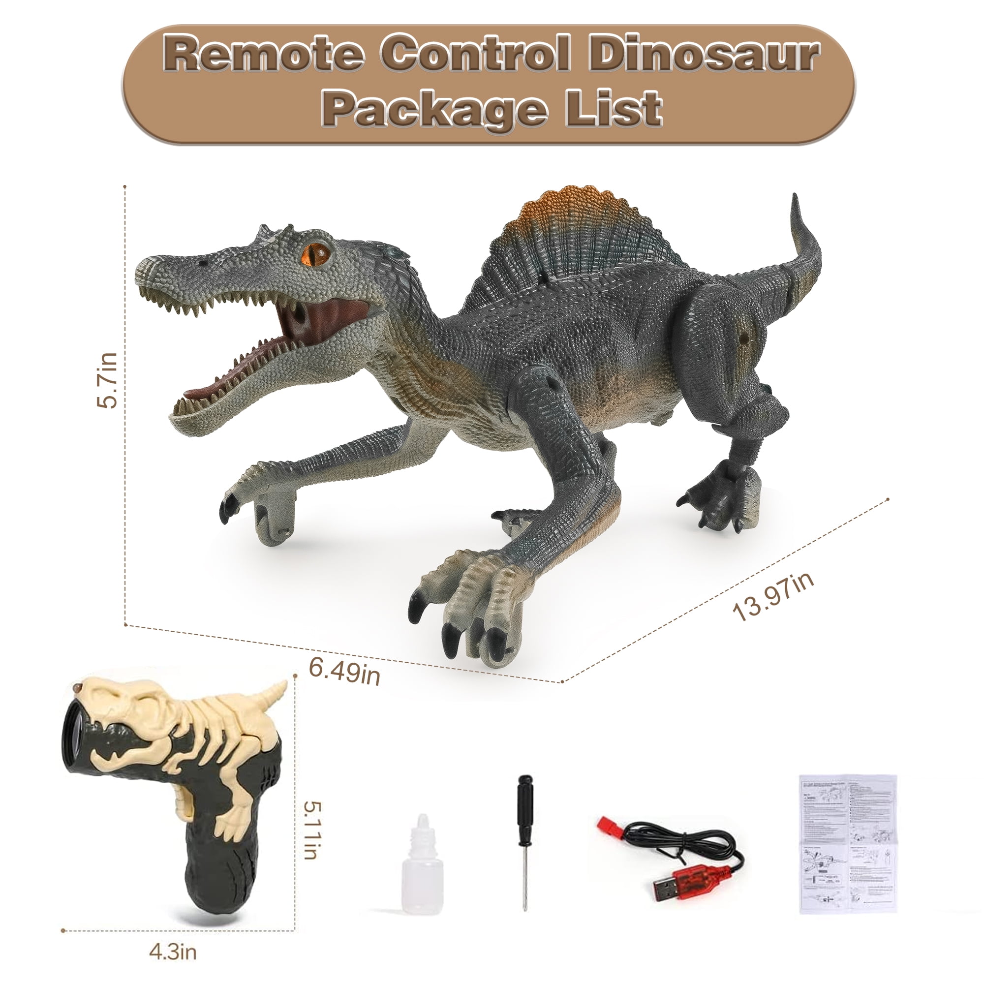 Richgv Remote Control Spinosaurus Robot Toy with Light and Spray Effects (Grey, 1 Pack) 9aahb