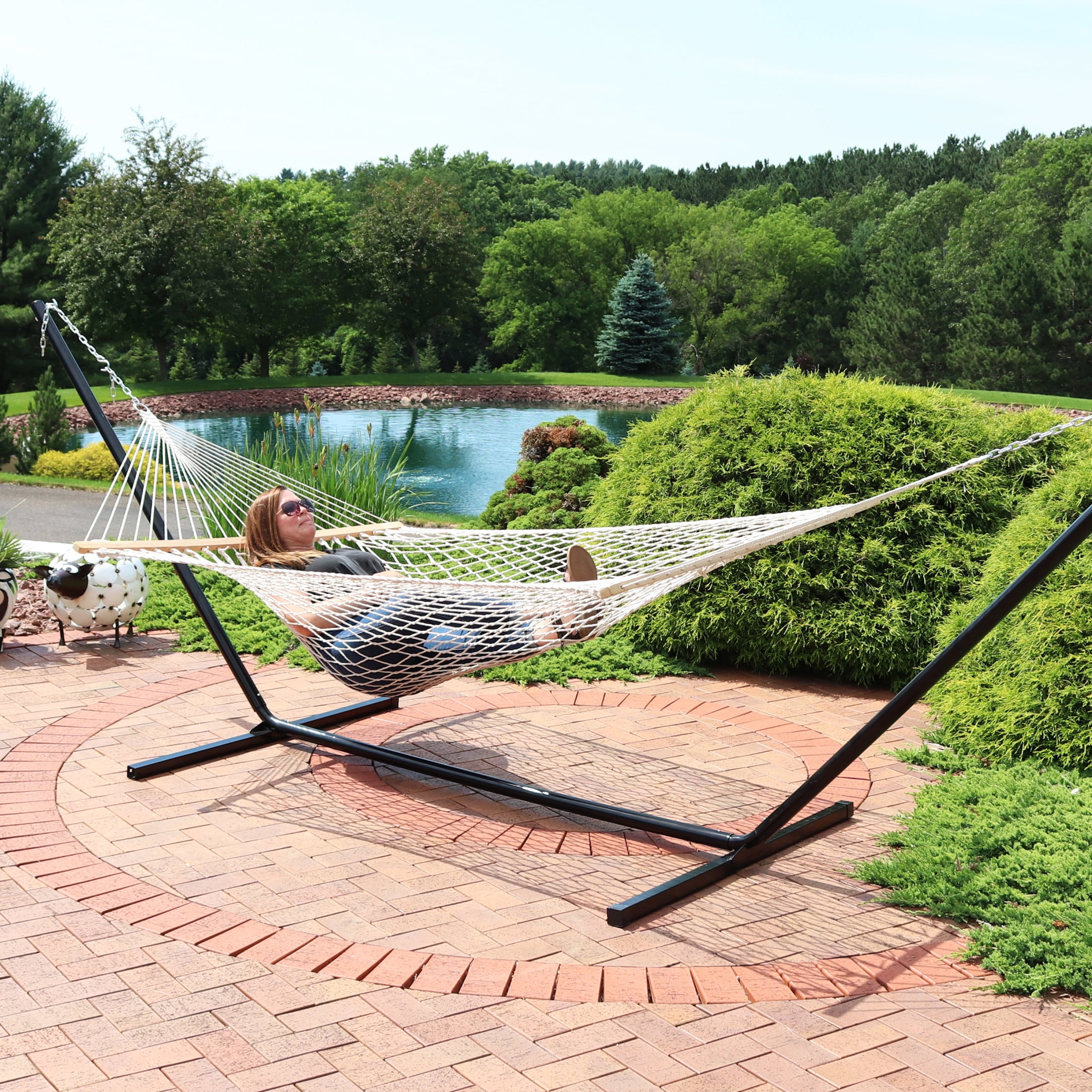 Sunnydaze 2-Person Cotton Rope Spreader Bar Hammock, Heavy-Duty Outdoor Patio Swing (Natural, 74 in x 55 in) 77yke