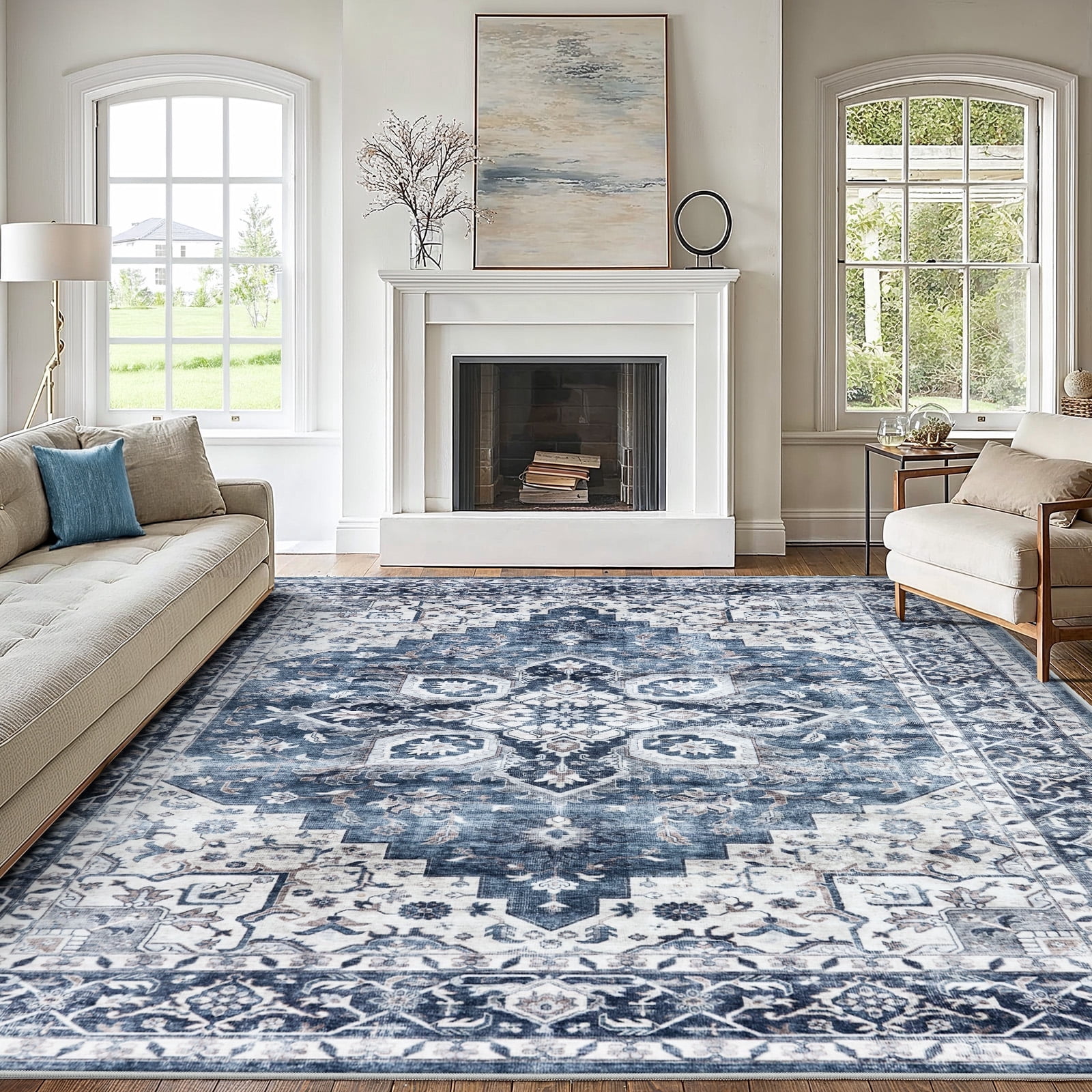 CHITOOMA Vintage Area Rug for Living Room, Machine Washable Non-Slip Carpet (Blue, 8 ft x 10 ft) 2td38