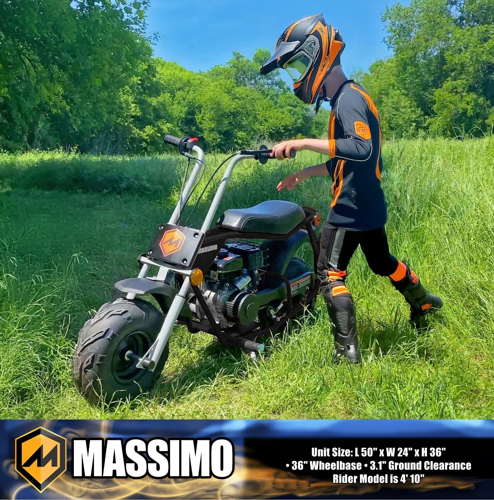 Massimo MB100 Minibike 79cc 2.5HP Gas Powered Off-Road Trail Bike (Black, 50 in x 24.2 in x 34.6 in) y0017