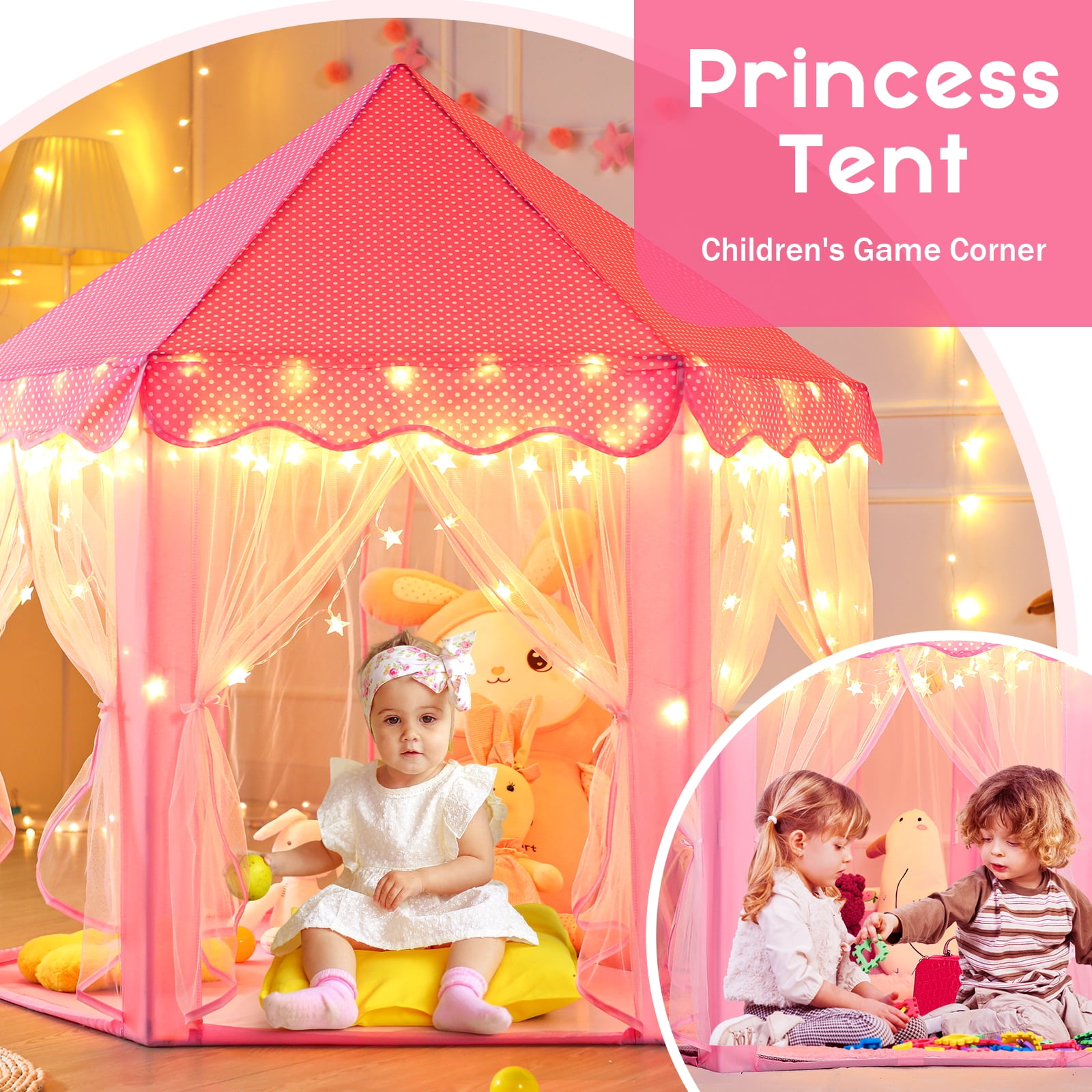 Wilwolfer Princess Castle Kids Indoor Play Tent, Hexagon Fabric Playhouse with Star Lights (Pink, Large) xa3zu