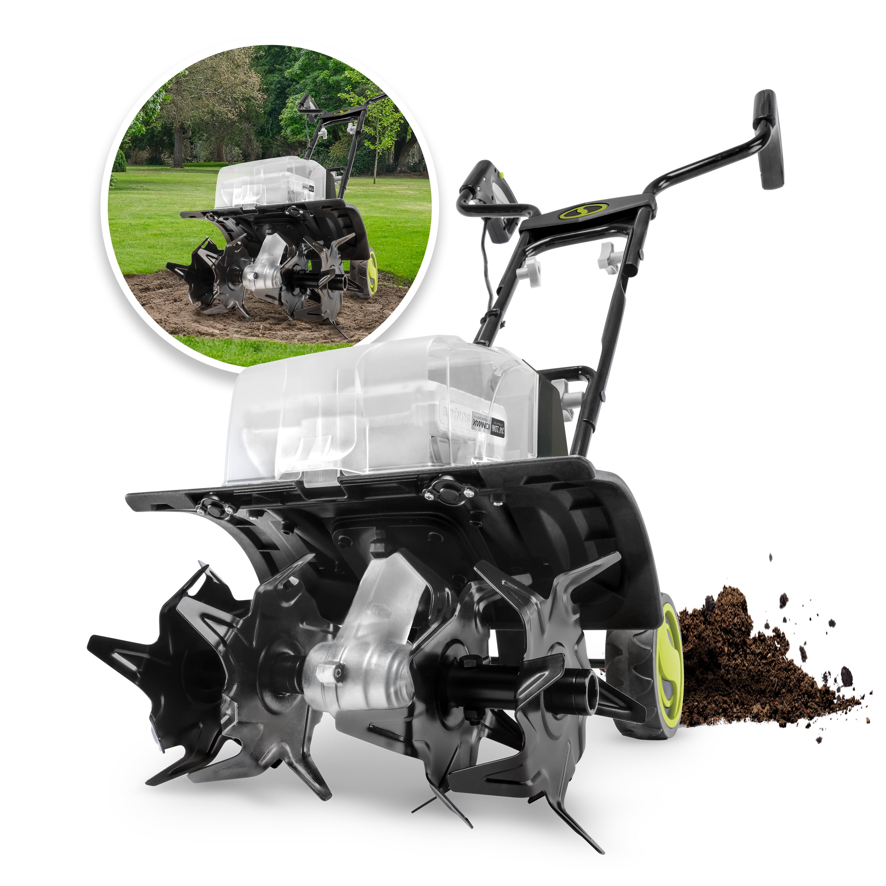 Sun Joe 48V Cordless Garden Tiller and Soil Cultivator, Electric Power Tool for Yard Maintenance (Green, 14 in Width) wllps