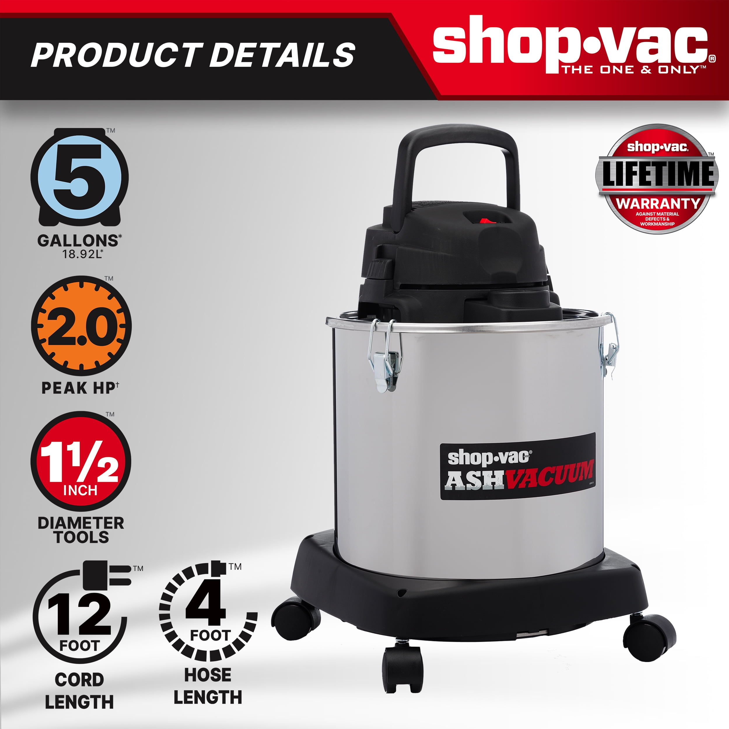 Shop-Vac 5 Gallon Stainless Steel Ash Vacuum with Dolly (Silver, 5 gal) cvyx2