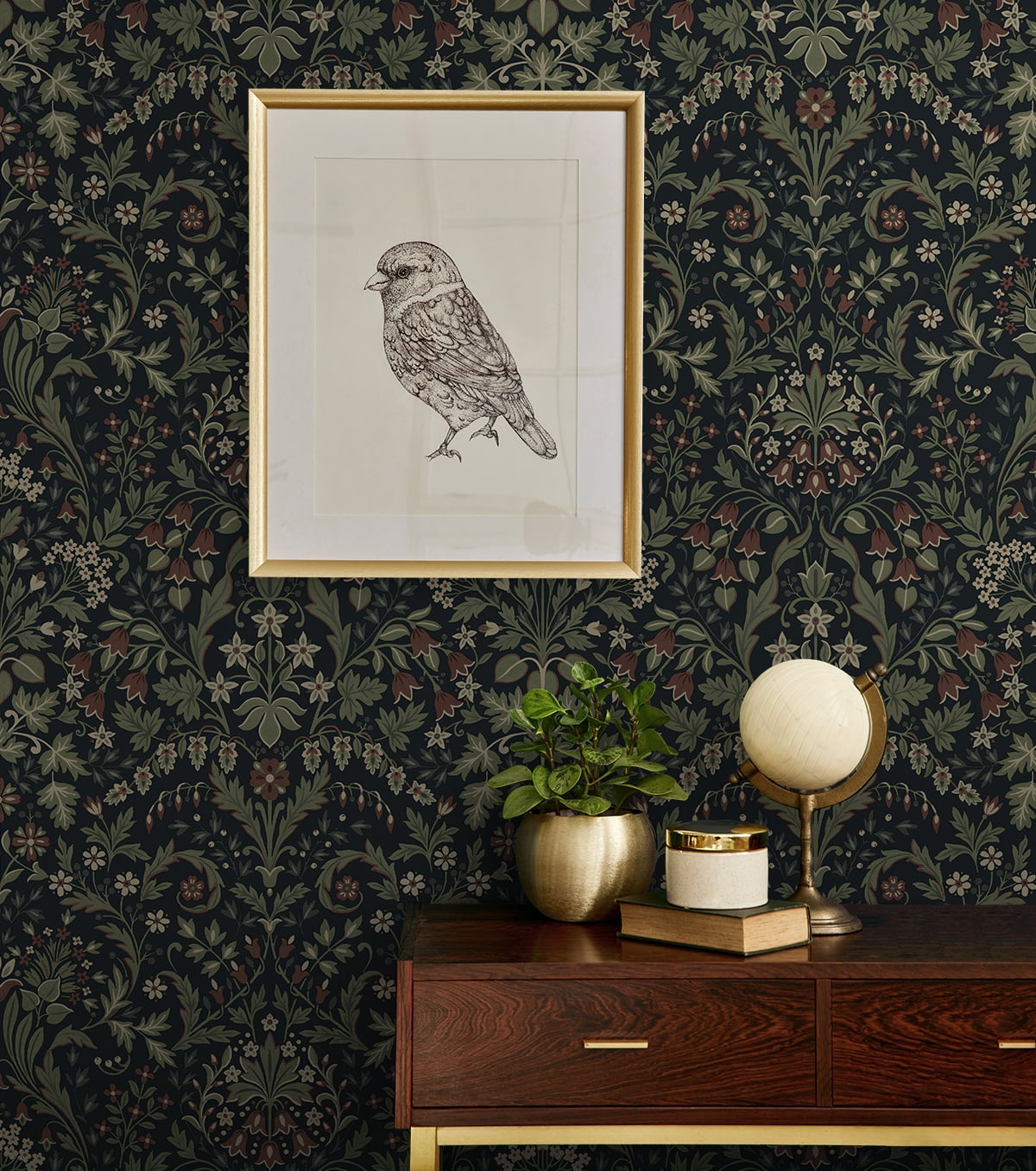NextWall Filigree Floral Peel and Stick Wallpaper (Midnight Blue & Sage, 20.5 in. W x 18 ft. L) i1dx3