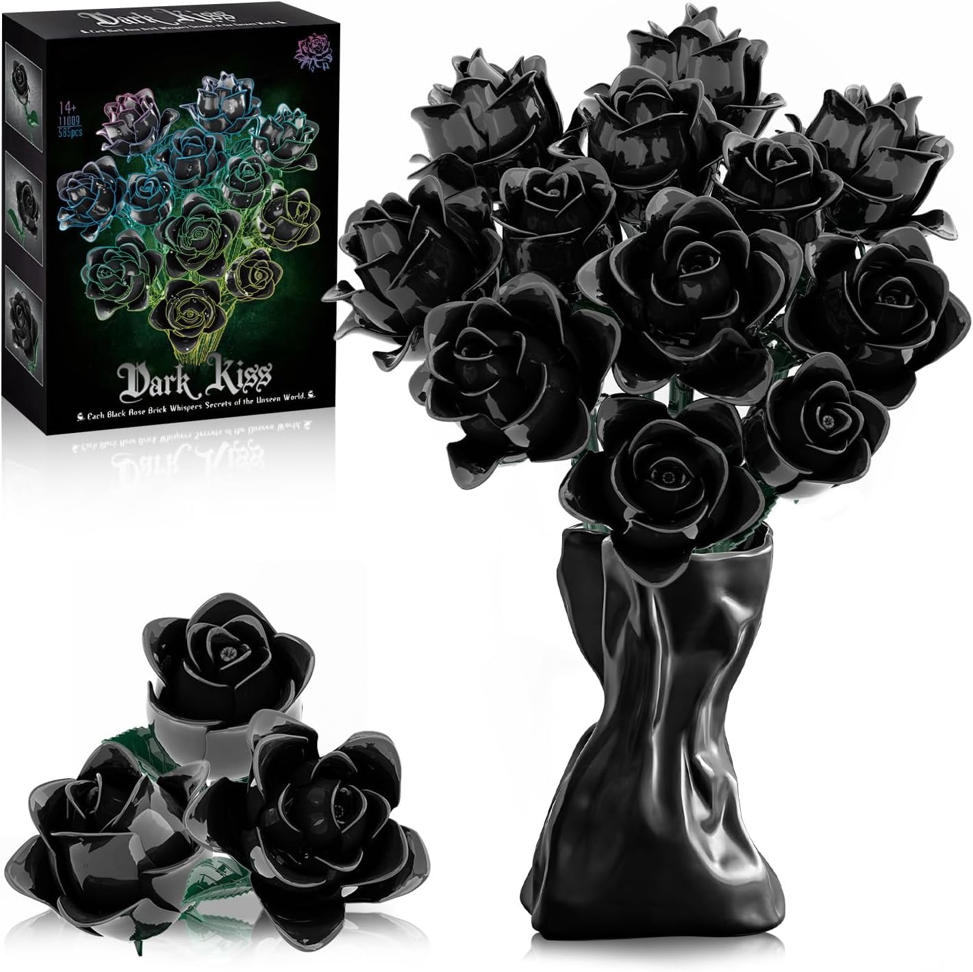 Honchoes Black Rose Flower Bouquet Building Set, Artificial Floral Decor for Home and Office (Black, 585 Pcs) alaxi