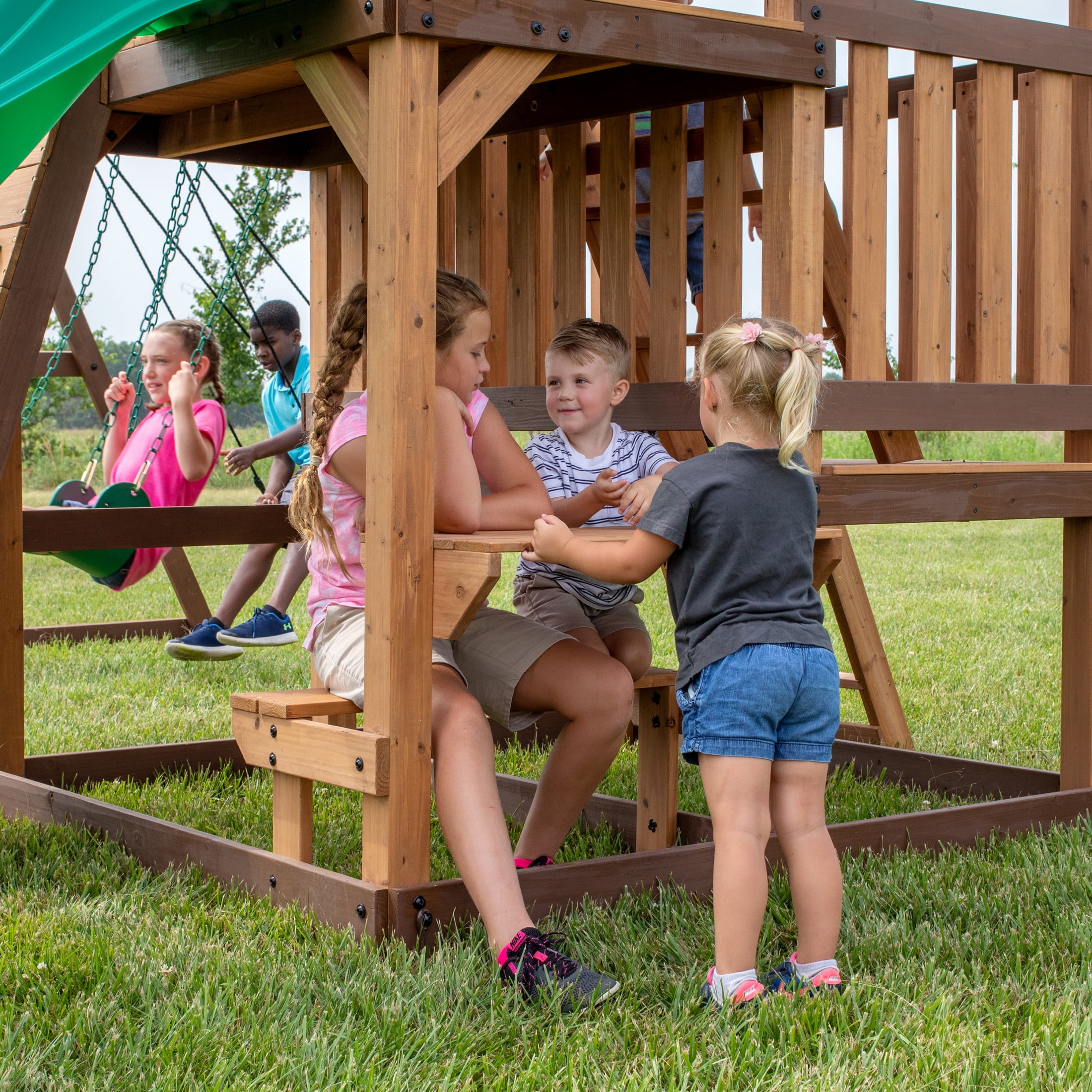 Backyard Discovery Highlander Cedar Wood Swing Set with Wave Slide and Three-Story Clubhouse (Brown, 10 ft Slide) 3xbnq