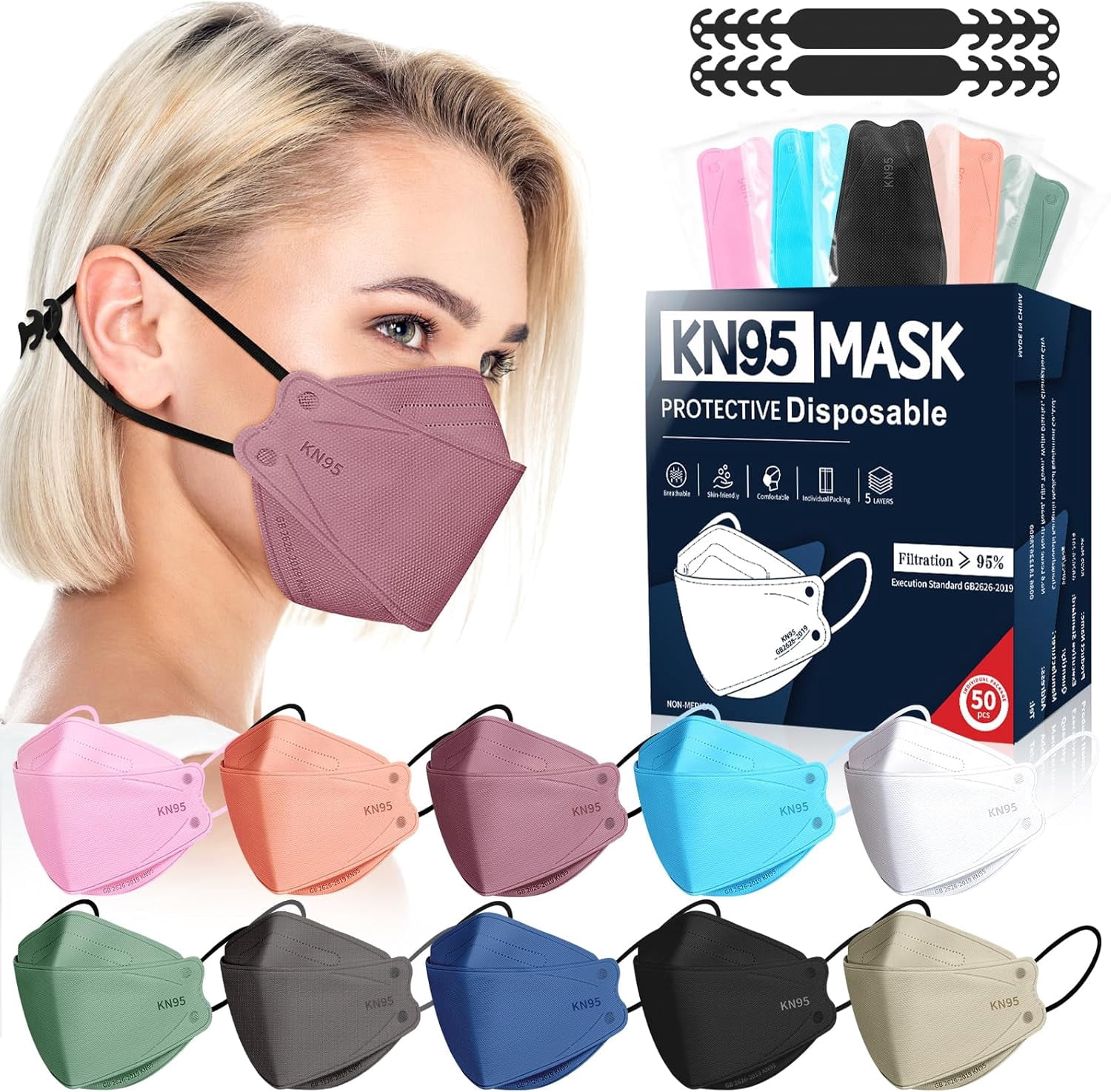 KN95 Disposable Face Masks 5-Layer Breathable Protective Respirator for Adults (Multicolor, 50 Pack) nwa73