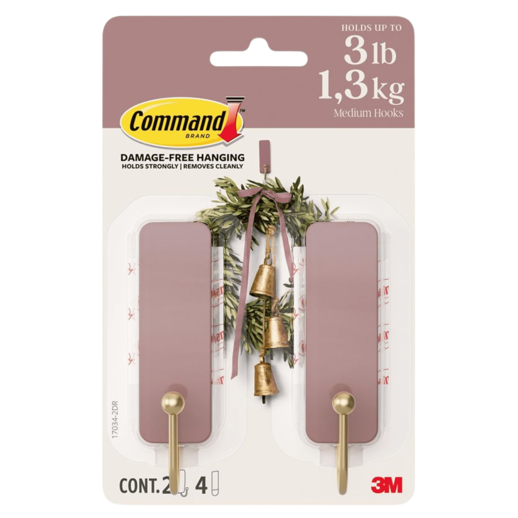 Command Medium Decorative Hooks, Damage-Free Wall Hangers for Organization (Dusty Rose, 2-Pack) epefx