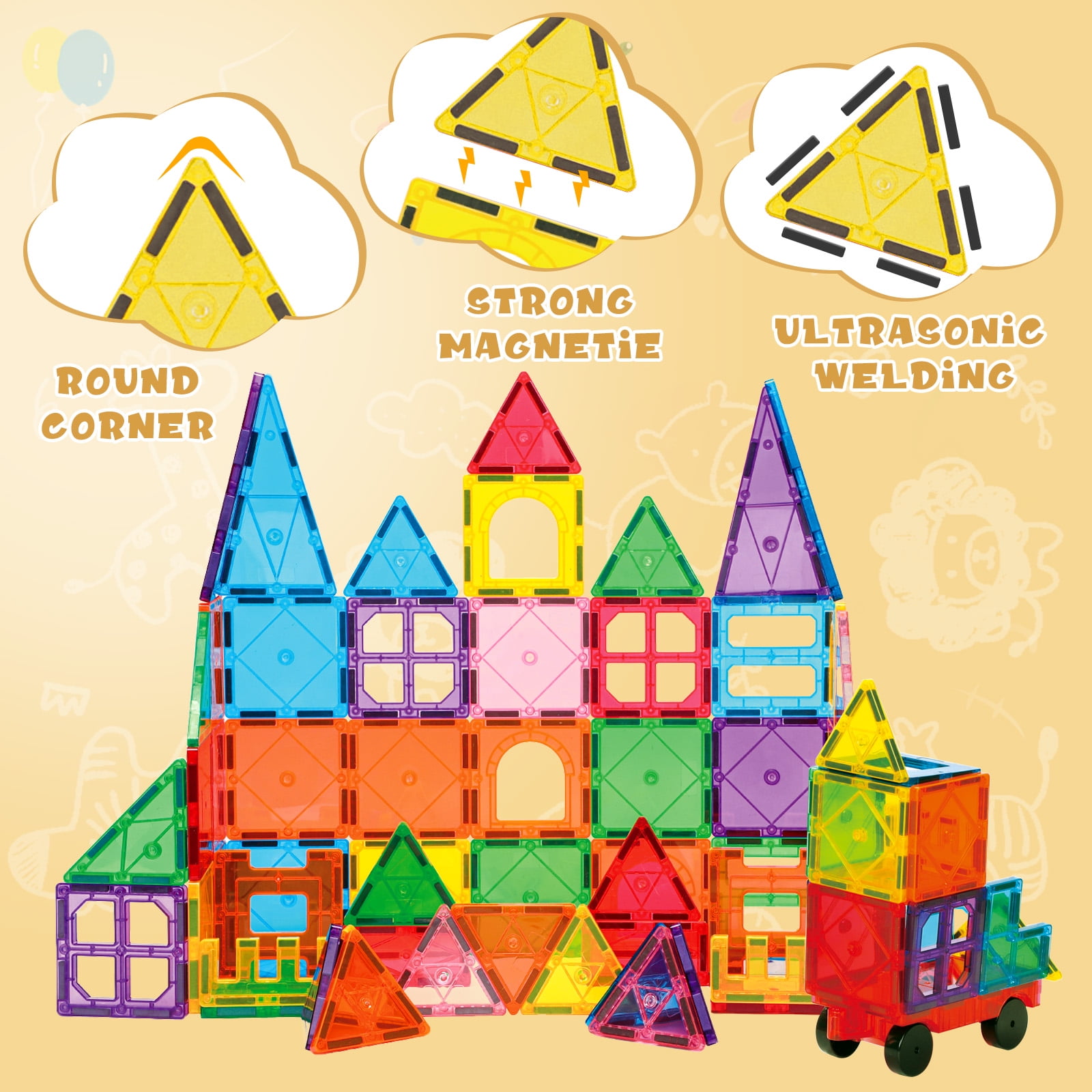 FunMagic Magnetic Tiles Building Set, 3D STEM Stacking Blocks for Creative Play (Yellow, 102 Pieces) arb85