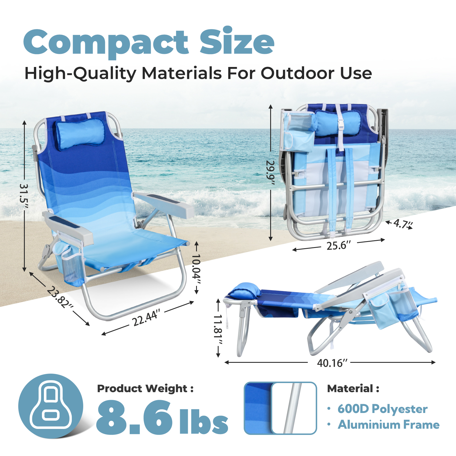 Join Nature 5-Position Lay-Flat Backpack Beach Chair with Insulated Cooler and Storage Pocket (Wave Blue, 300 lb Capacity) 97zzu