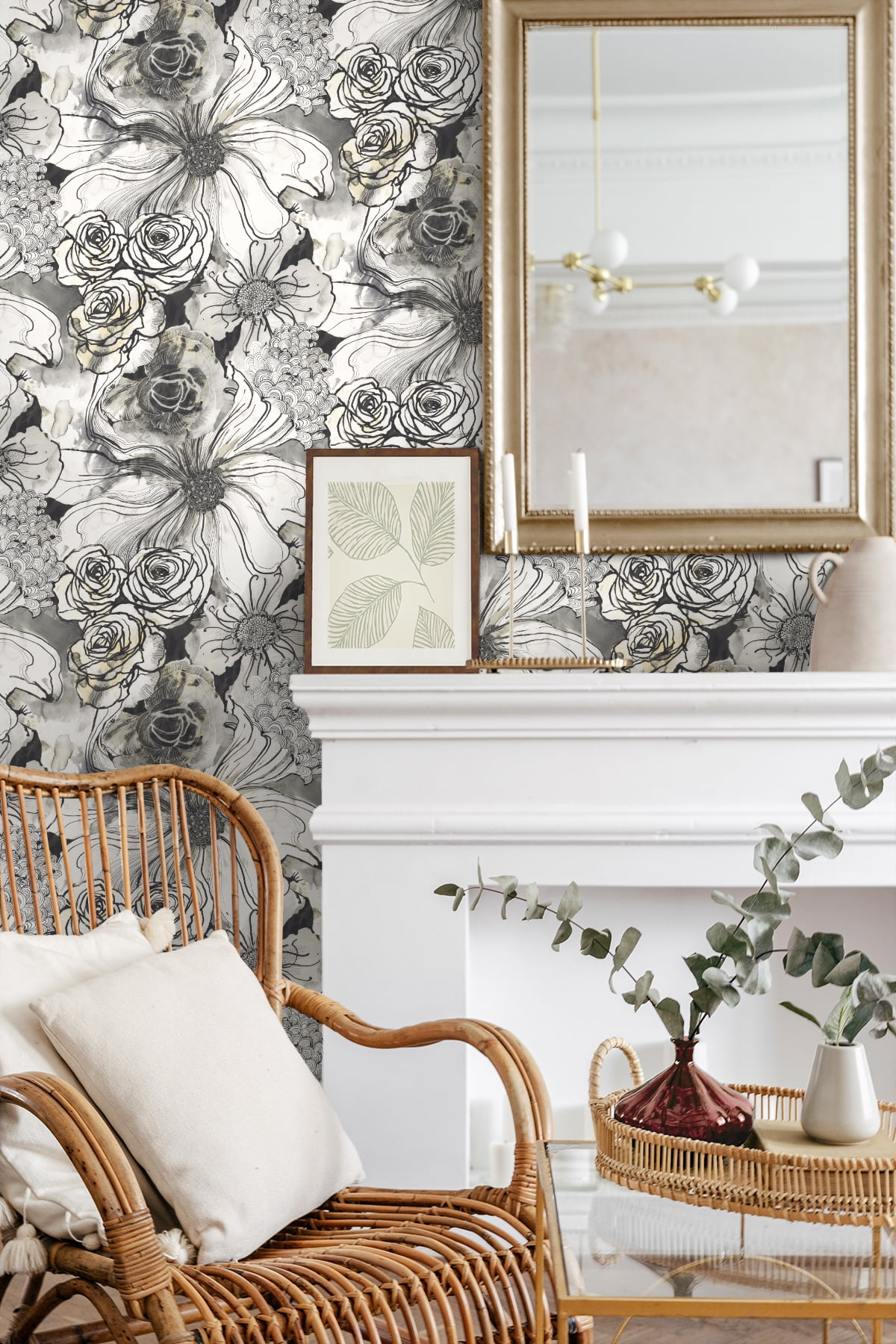 Harry & Grace Peel and Stick Wallpaper Floral Ink Rose Removable Wall Decor (Onyx, 20.5 in. W x 18 ft. L) w6ag1